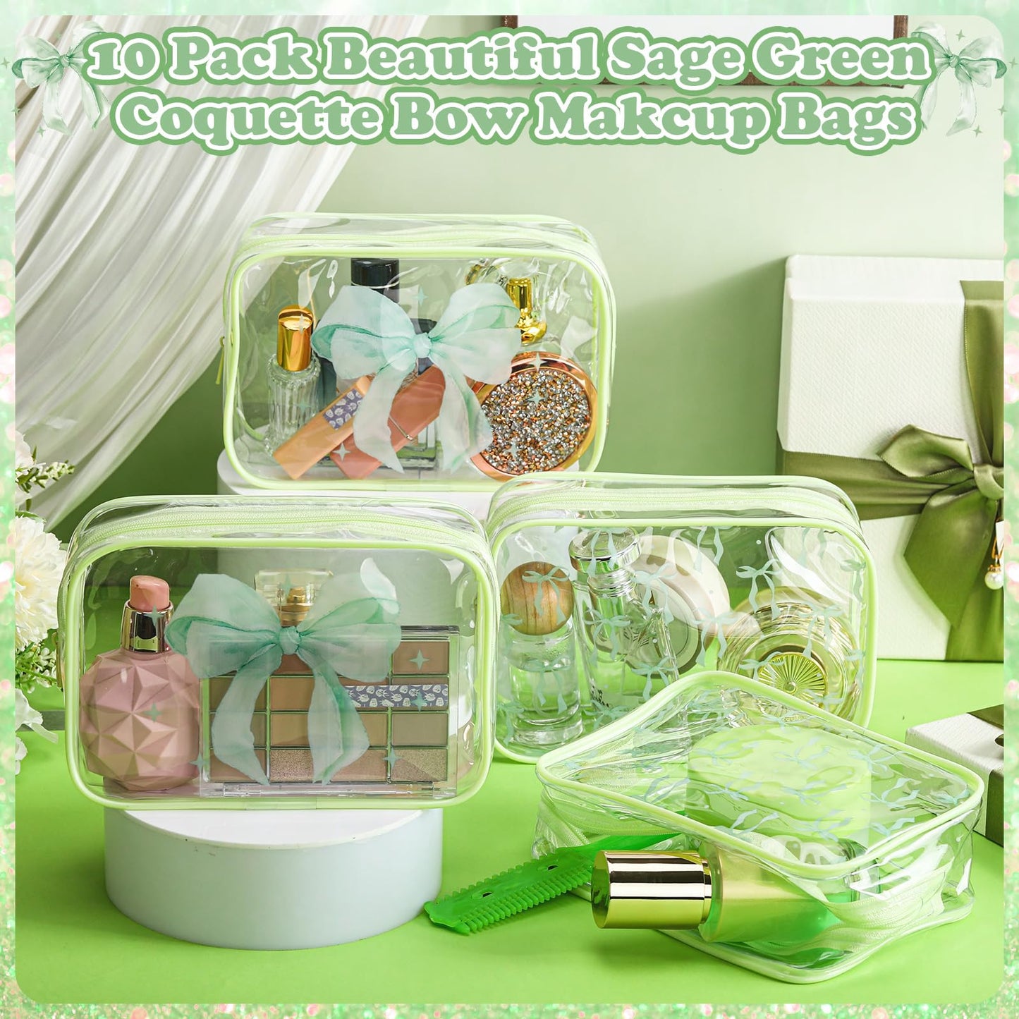 Kacctyen 10 Pcs Sage Green Bow Makeup Bags Bulk Gifts for Girl Women Birthday Party Favors Coquette Pastel Bow PVC Clear Cosmetic Bags Waterproof Travel Toiletry Pouch for Party Favors