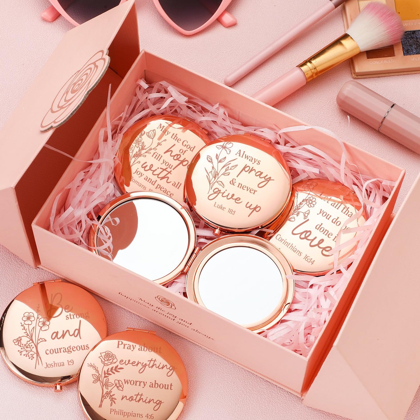 GlikCeil 12 Pcs Christian Gifts Mirror for Women Bulk Bible Verse Makeup Folding Compact Pocket Mirror Inspirational Religious Gift for Teacher Coworker Employee Communion Travel Church Baptism Party