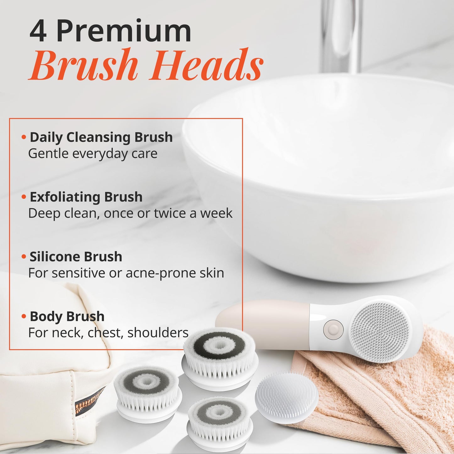 Vanity Planet Raedia Facial Cleansing Brush - Electric Facial Cleansing Brush with 4 Exfoliating Brush Heads - Waterproof, Handheld, Lightweight for Face Scrubber and Exfoliating Face - Warm Grey