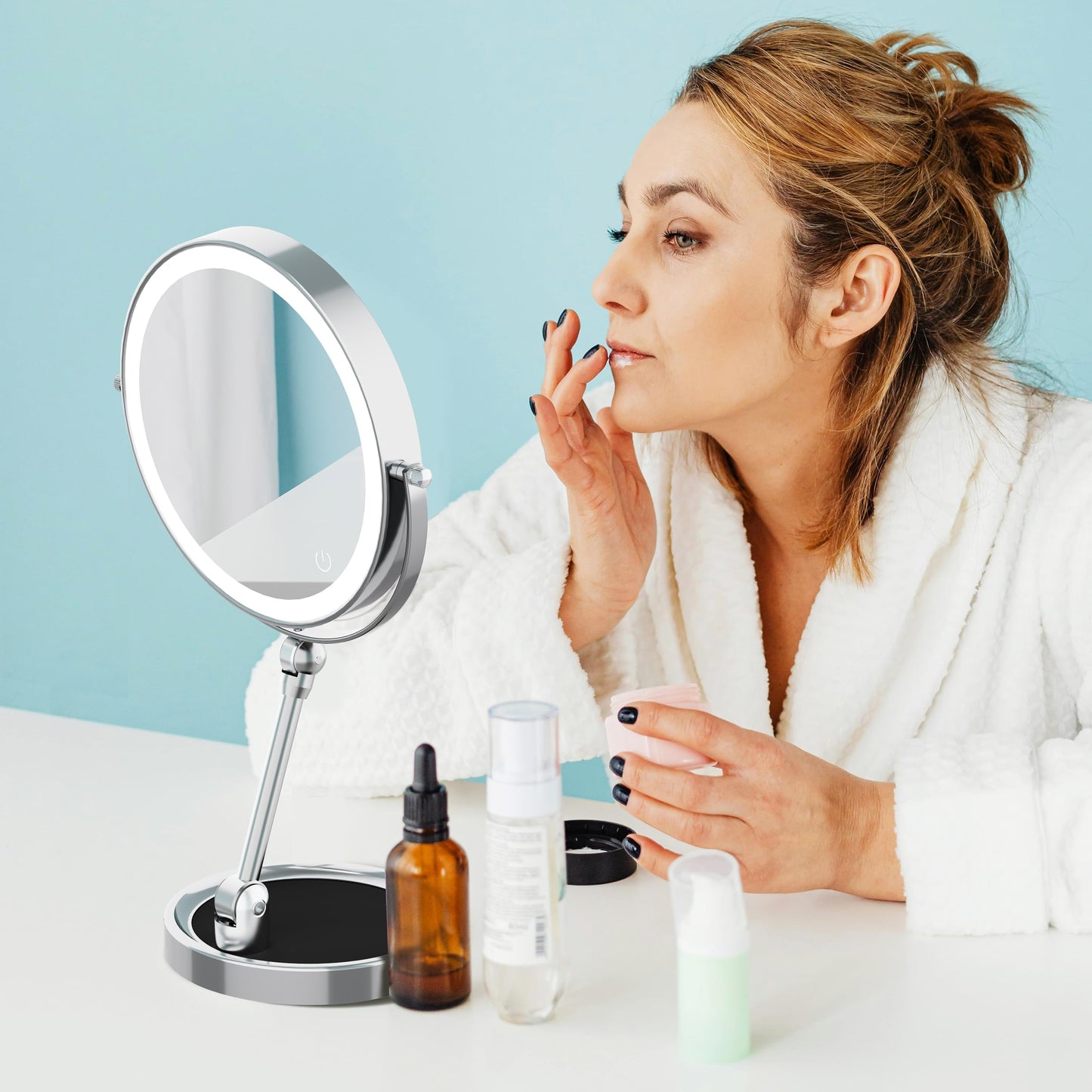 Rocollos Tabletop Makeup Mirror with Built-in Vanity Tray, 9" Rechargeable 4000mAh Lighted Vanity Mirror 1X/10X Magnification, Height-Adjustable Arm, 3 Color Dimmable (9Inch Chrome)