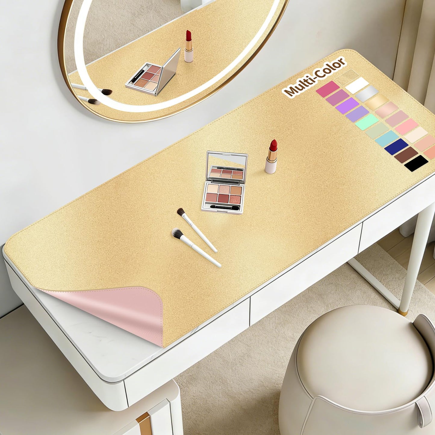 Makeup Mat for Vanity to Protect Desk Top 23.6 x 11.8 in, Dual-Sided Makeup Mat, Easy to Clean Desk Pad - Waterproof and Oilproof Vanity Accessories (Gold and Pink)