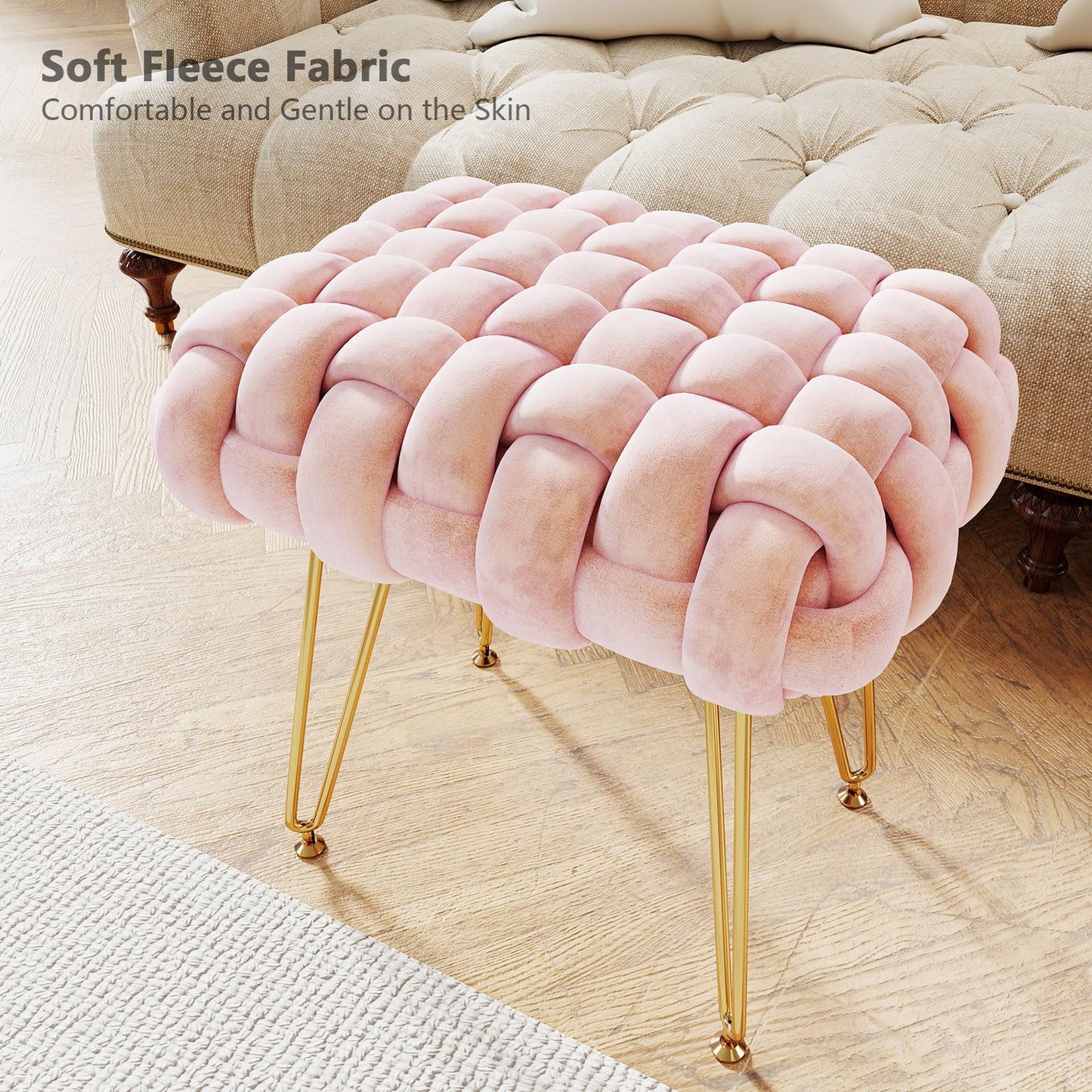 Sefulei Upholstered Velvet Vanity Stool, Hand-Woven Makeup Vanity Chair with Gold Metal Legs, Modern Foot Stool Ottoman for Living Room Bedroom, Easy Assembly (Pink)