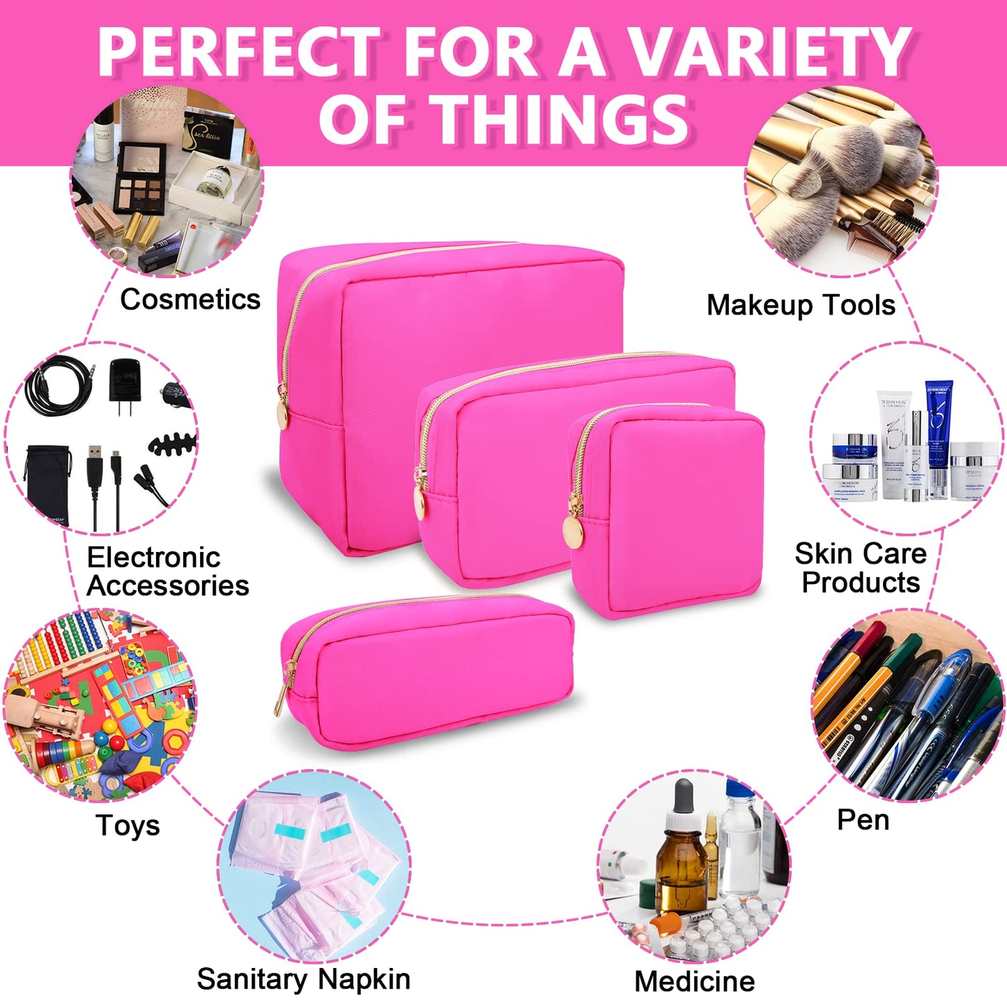 UIXIZQ Mini Makeup Pouch for Purse, Small Cosmetic Bag Pouch Nylon Travel Toiletry Organizers for Women Girls, Cute Zipper Pouch Coin Purse Preppy Storage Bag for School Work(Mini-Bubblegum)