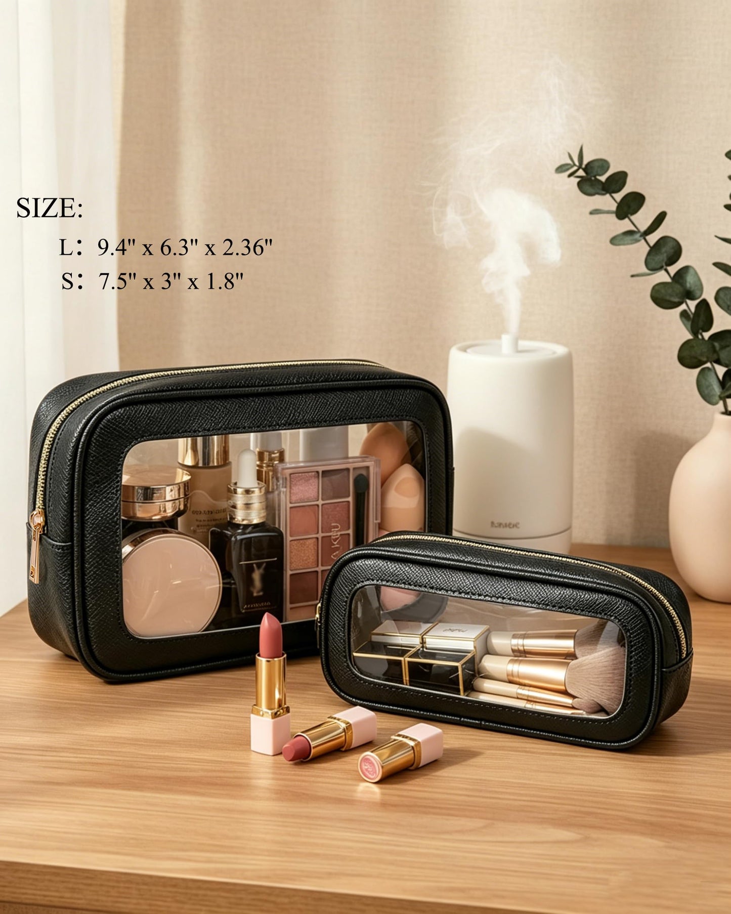 FFpaw 2Pcs Clear Makeup Bags Set - Portable Clear Cosmetic Bag Case Travel Makeup Brush Bag Waterproof Makeup Pouch TSA Approved Toiletry Bag Car Organizer Bag for Women (Black Set)