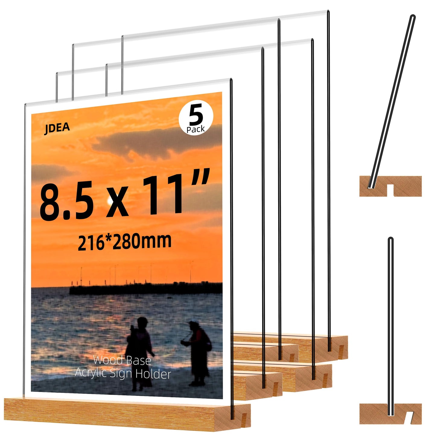 JDEA Acrylic Sign Holder with Wood Base 8.5x11 Inch Vertical and Slant Displays (5 Pack 8.5*11")