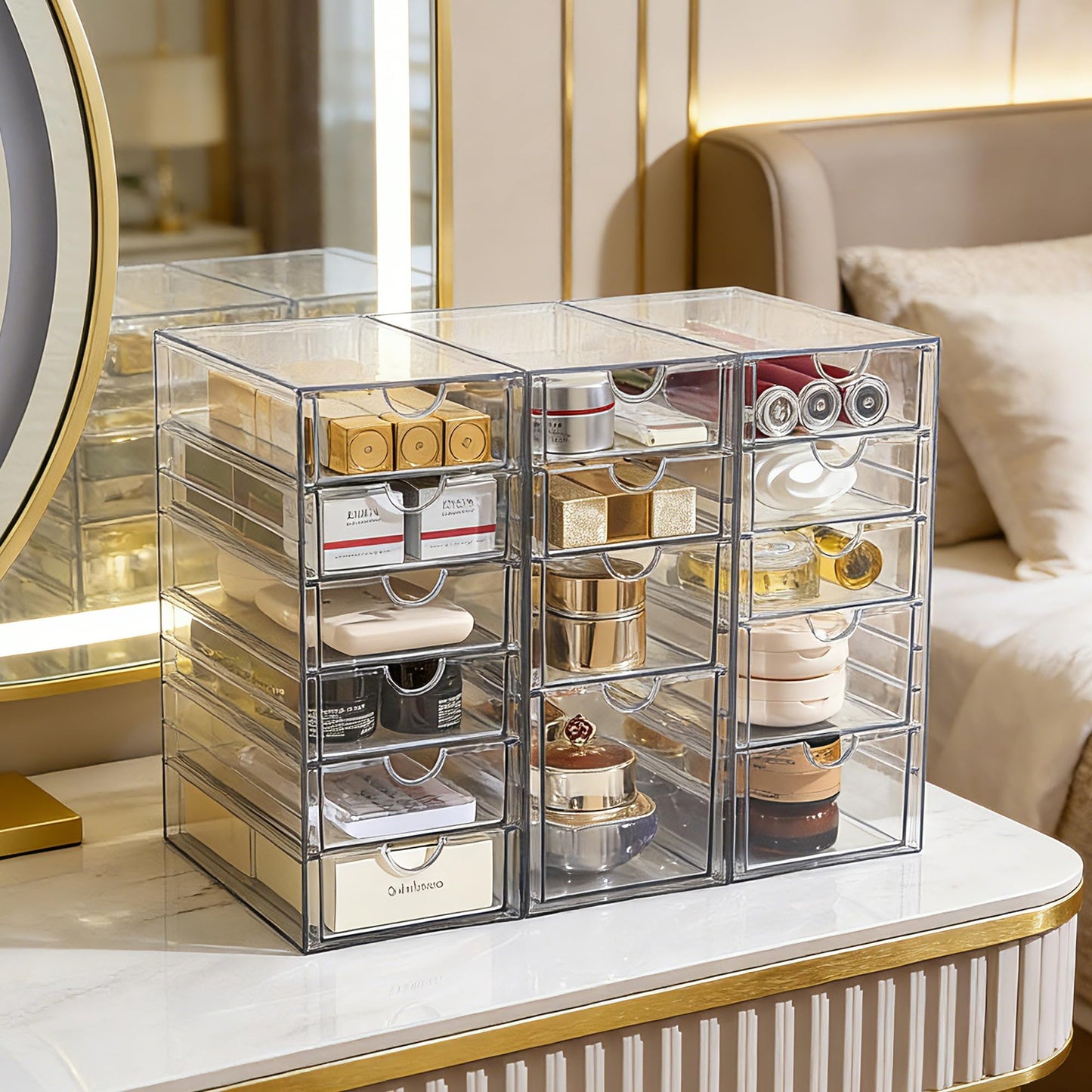 Prsildan Acrylic Drawer Organizer with 15 Drawers, Makeup Craft Office Desk Organizers Accessories, Set of 3 Clear Stackable Storage Drawers for Vanity, Countertop, Jewelry, Art Supply Organization