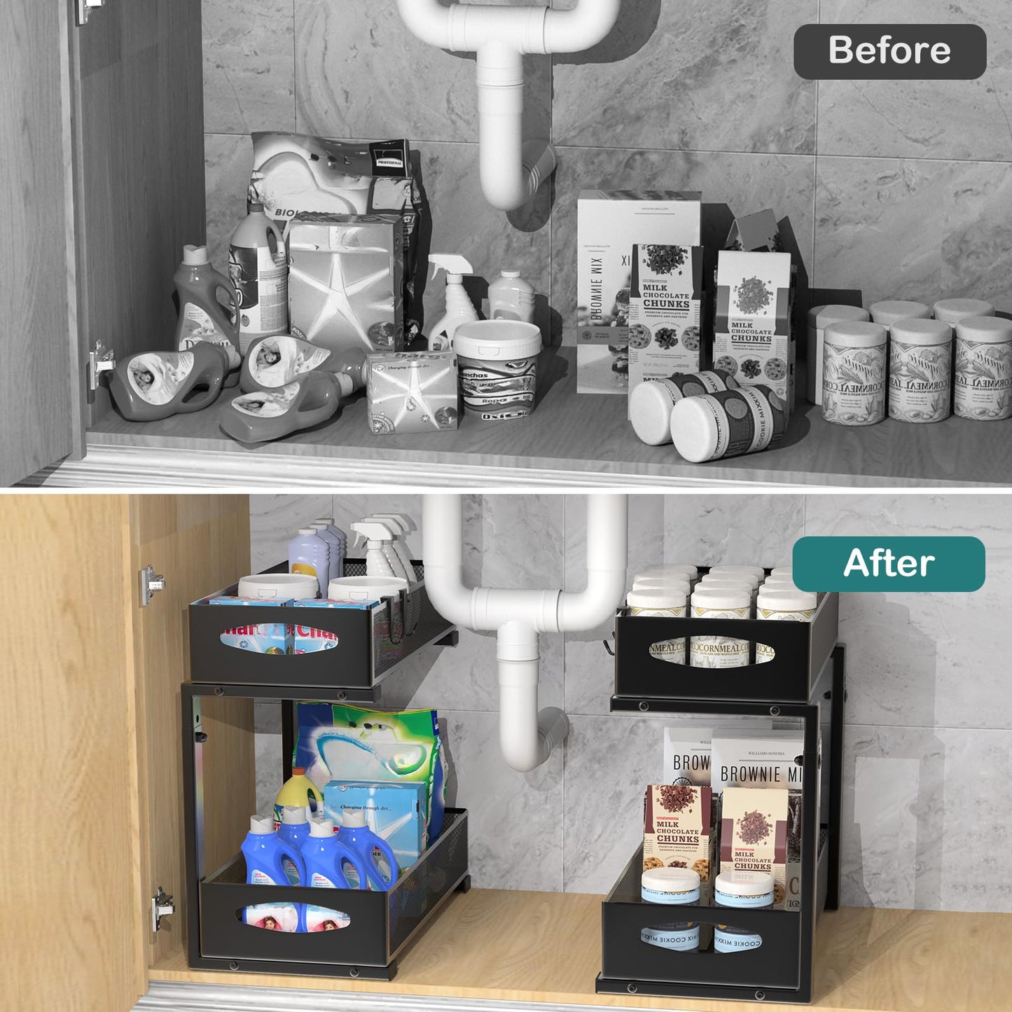 Housolution 2 Pack Under Sink Organizer, 2 Tier Metal Pull Out Under Sink Storage with Sliding Mesh Drawers, Height Adjustable Slide Out Under Sink Organizer for Kitchen Bathroom Cabinet, Black