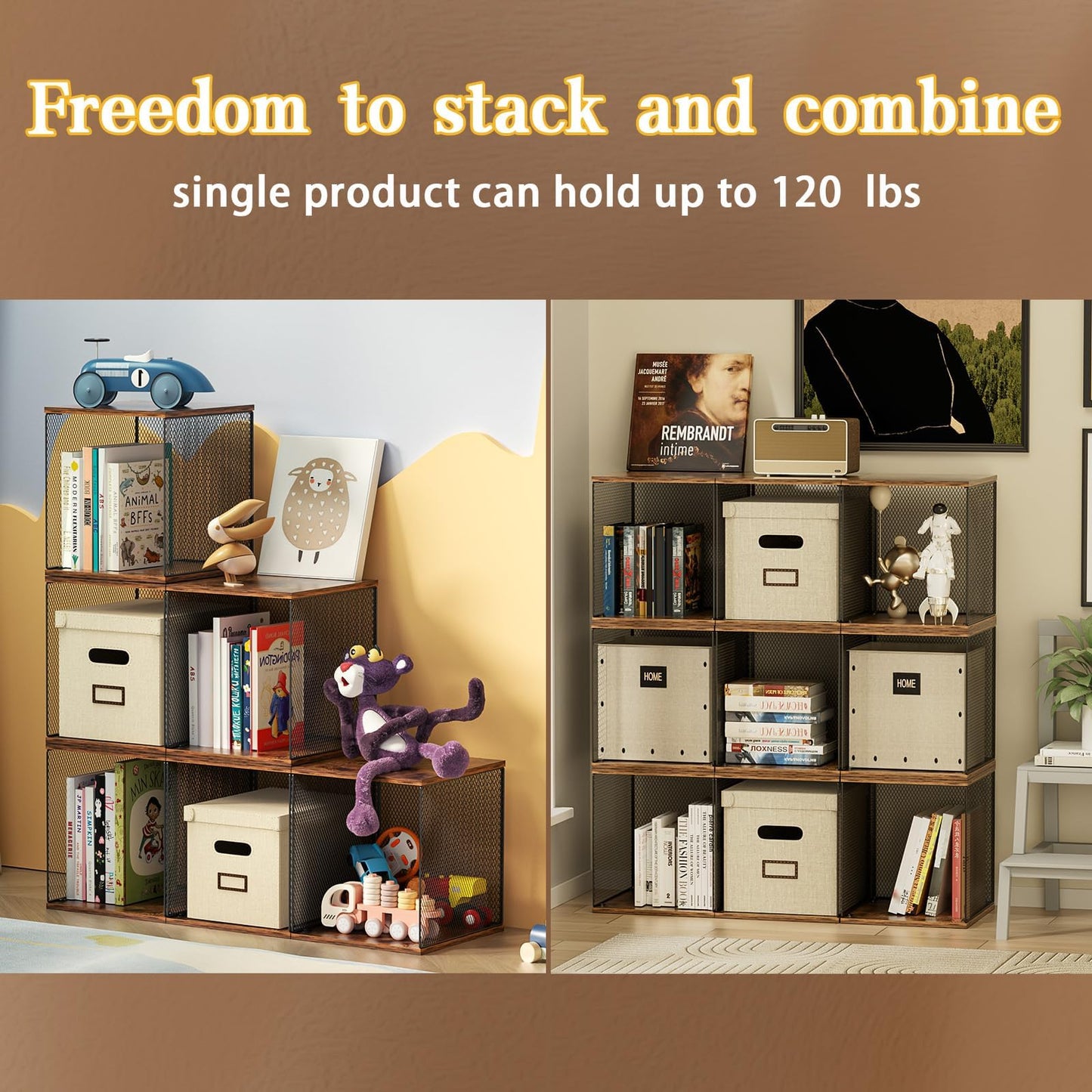 Dmevkic 2 Cube Organizer Bookshelves DIY Variable Stackable Cube Storage Organizer for Kid Bedroom,Living Room,Small Bookshelf Black Brown Wooden,No Vinyl Storage