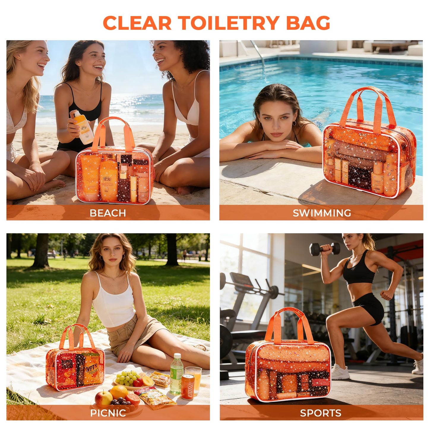 Junesters Clear Orange Star Large Makeup Bag with Star Pattern 12x5x8 inch, Travel Cosmetic Bag with Handle, Durable PVC Material Washbag Zipper Opening Design for Makeup Travel Organizer or Gym Use