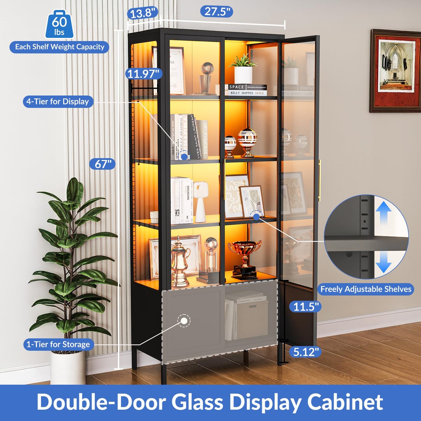 WOOW DEPOT 5-Tier Glass Display Cabinet with 13 Color Lights, 67" H Lighted Curio China Cabinet with 2 Glass Doors & Adjustable Shelves, Tall Metal Storage Cabinet Display Case for Collectibles,Black