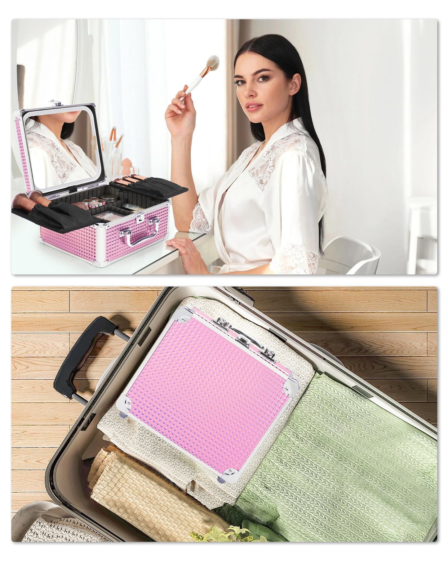 Relavel Makeup Bag with LED Mirror, Makeup Box Travel Train Case with Rechargeable Lighted Mirror, Cosmetic Brush Organizer Storage for Makeup Artists Gifts for Women and Girls, Pink