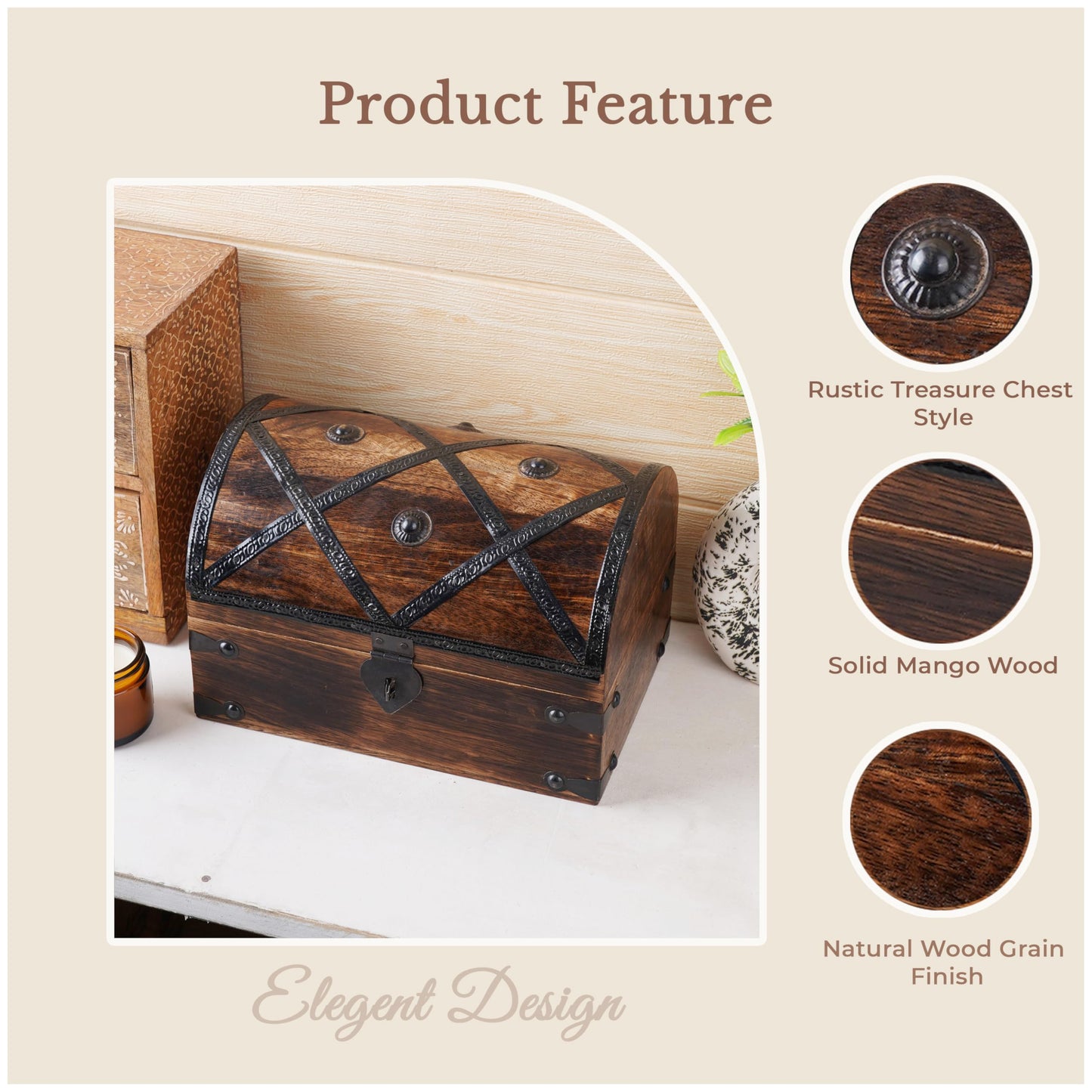 Ajuny Wooden Treasure Chest Keepsake Box, Handmade Pirate Treasure Chest Storage Box, Decorative Wooden Box for Jewelry, Collectibles, Keepsakes & Home Decor, 9 x 6 x 6 Inch