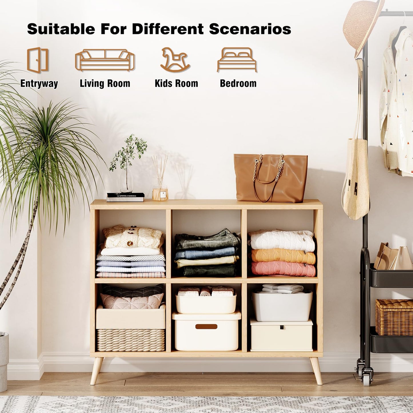 Flrrtenv 6 Cube Storage Organizer, Wood Bookcase with Legs, Modern Freestanding Cubby Shelving Unit, Book Shelf Toy Storage Cabinet for Bedroom, Living Room, Kids Room, Fits 11 Inch Bins, Natural