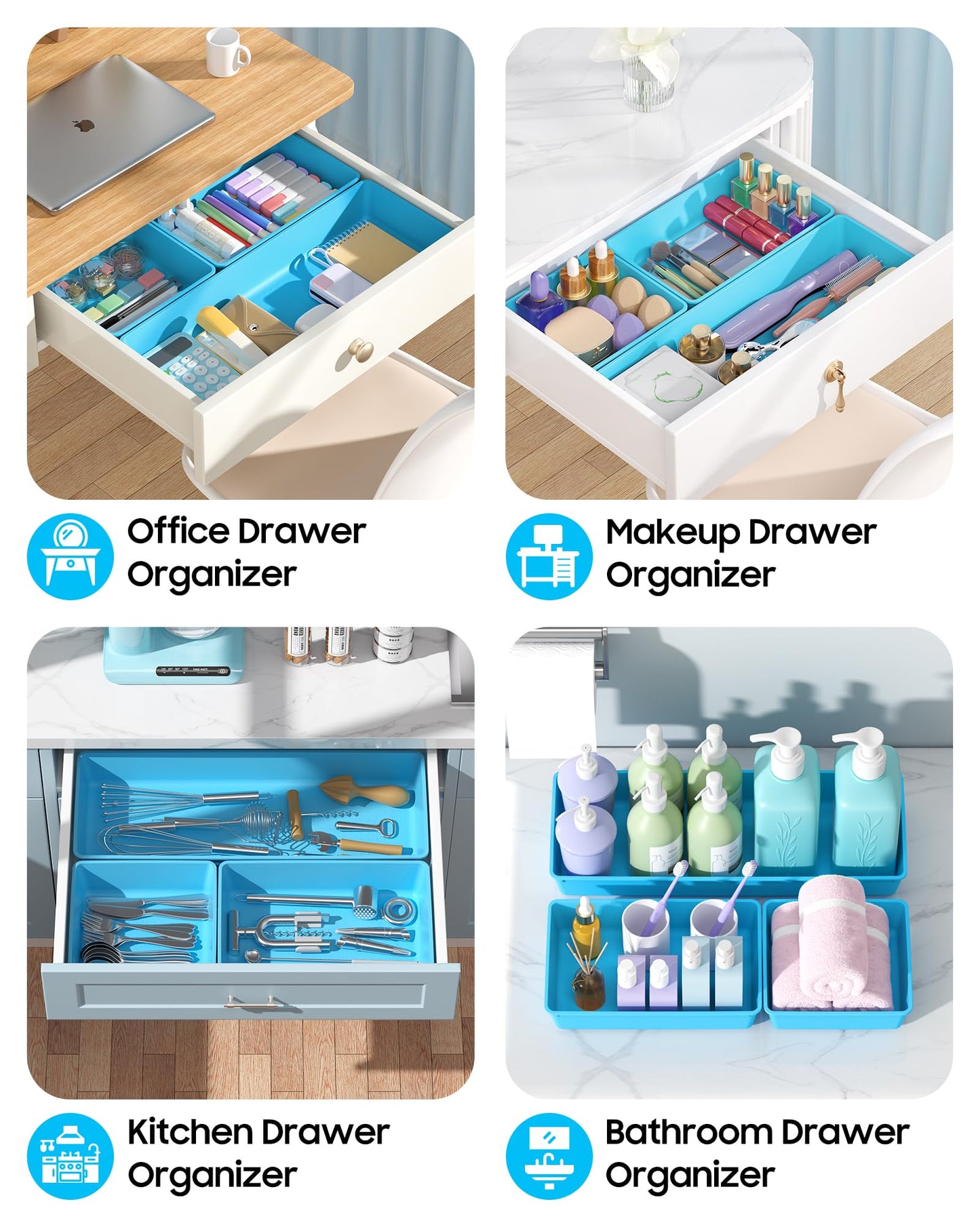 MLIKLU 10 Pack Large Size Plastic Drawer Organizers Set, 3 Sizes Desk Drawer Organizer Trays, Storage Bins for Vanity, Makeup, Bathroom, Kitchen Utensils and Office (Blue)
