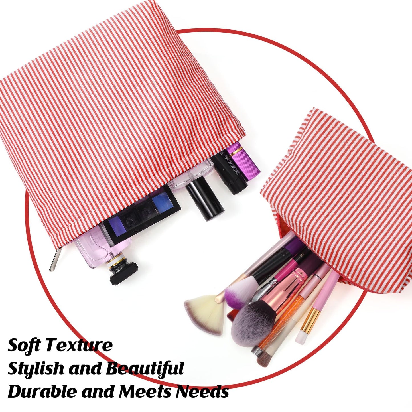 Huhumy 2 Pcs Makeup Bag Set Cute Cosmetic Pouch for Women Seersucker Travel Toiletry Bag Preppy Small Makeup Purse Pouch Aesthetic Skincare Brushes Storage Organizer for Valentine Women(Red)