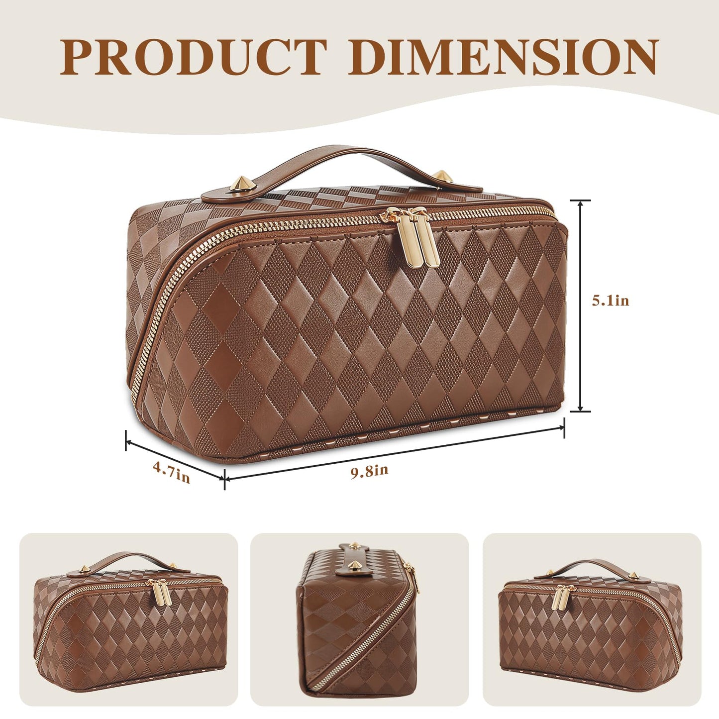 IDELCHOIS Travel Makeup Bag Large Capacity Cosmetic Bags for Women, Waterproof Toiletry Bag Open Flat Makeup Bag with Compartments and Handle, Portable Cosmetic Organizer Pouch, Diamond Brown