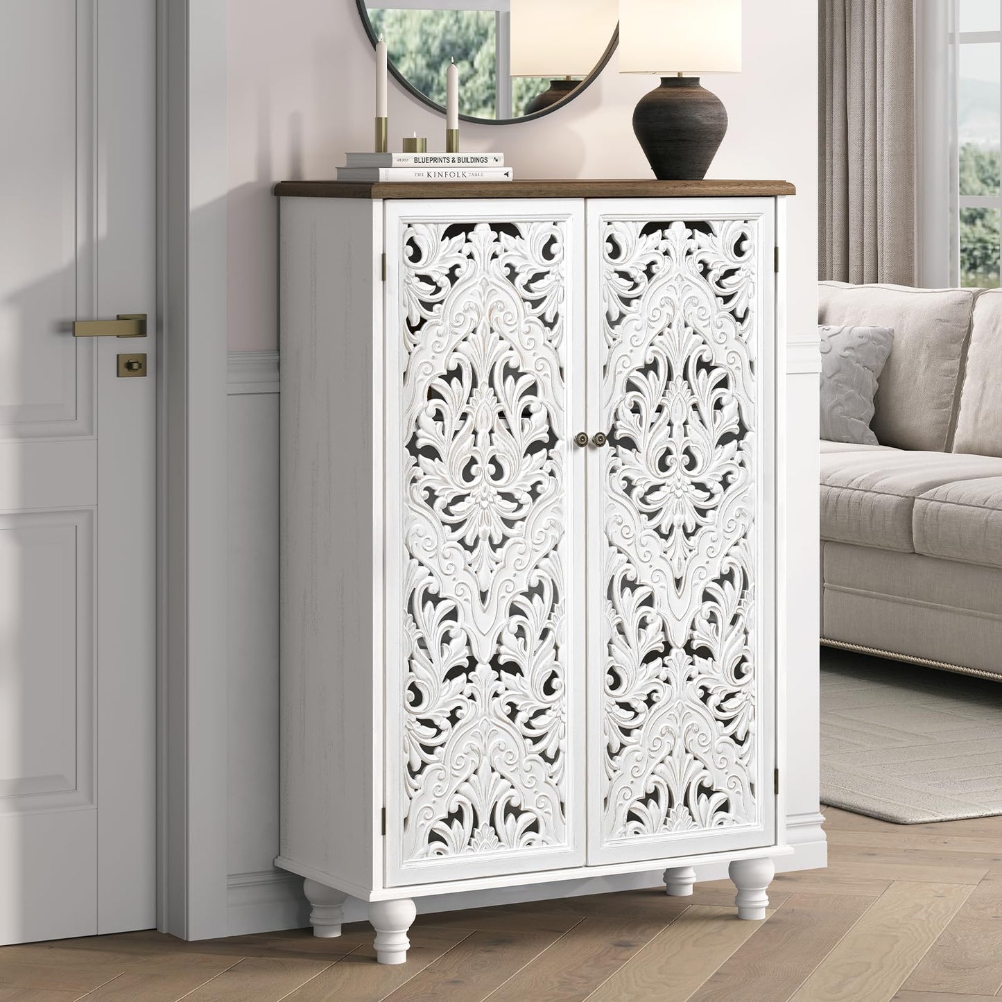 JOINICE 47" Tall Accent Cabinet with Carved Doors & Storage for Living Room,White Cabinet with Solid Wood Legs & 100lbs Capacity, Farmhouse/Rustic/Boho Style for Dining Room, Bedroom, Hallway, Study