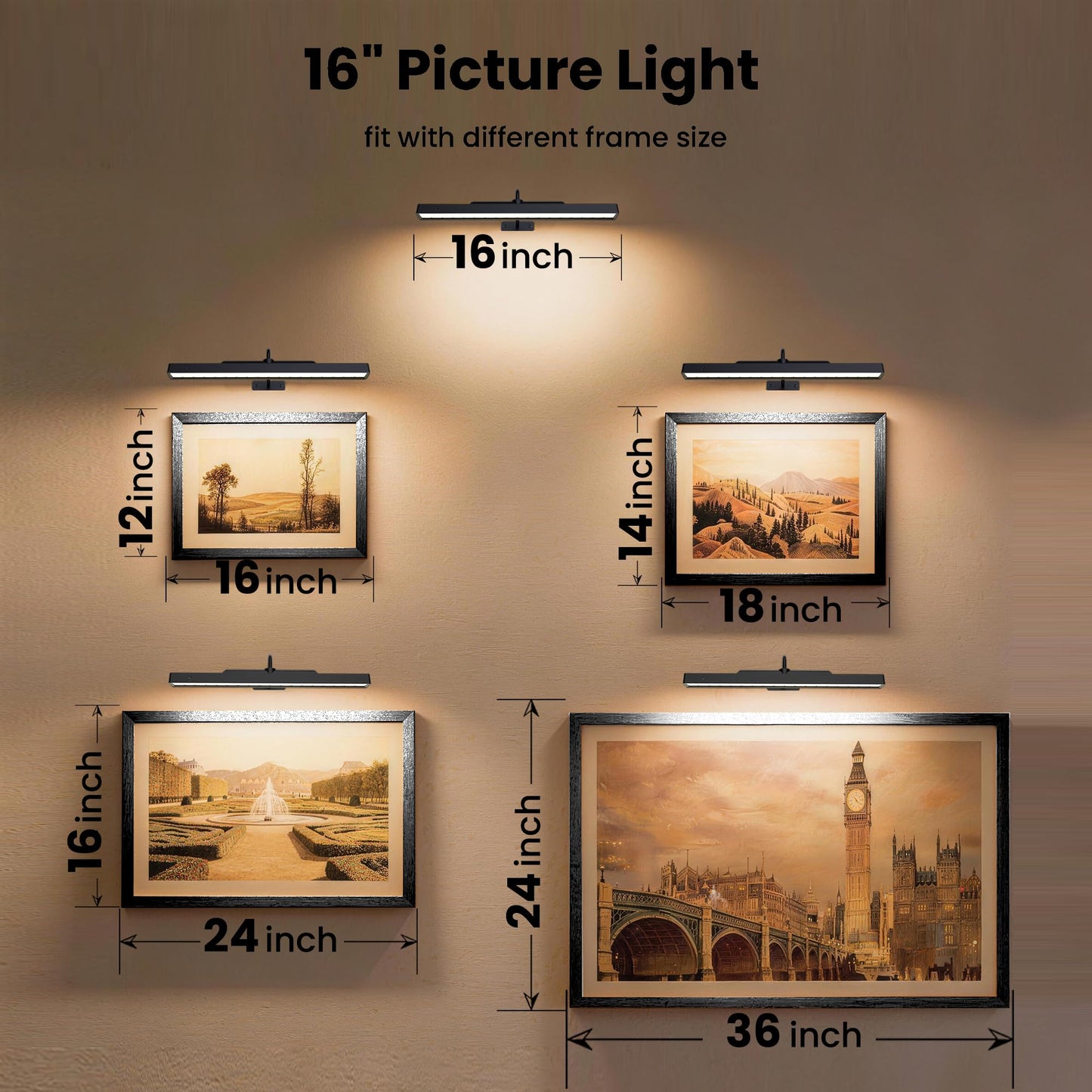 Craftersmark Dimmable Cordless Picture Light for Wall 16in, 5000mAh Rechargeable Battery Wall Sconce Art Light, CRI 95+ 350LM Wall Light for Gallery Artwork, Paintings, Photo,Portraits - Black