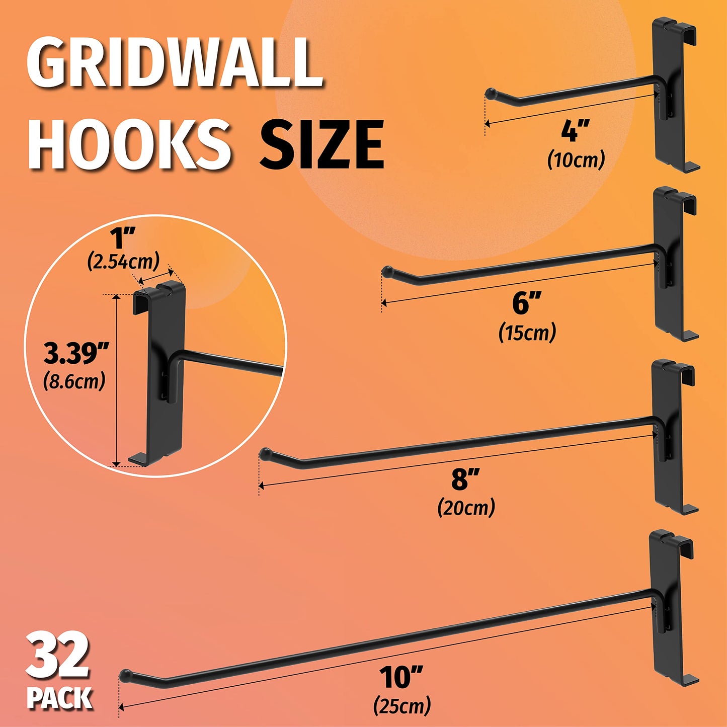 HUHOLE 32 Pack 10 Inch Black Gridwall Hooks for 3 × 3 Wire Grid Panel