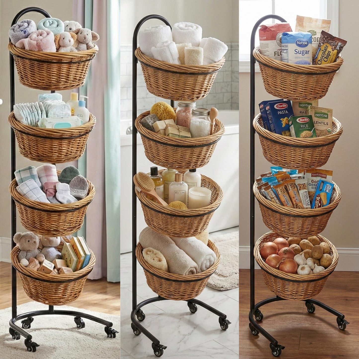 DS THE DISPLAY STORE 4 Tier Retail Display Stand with Wheels & Sign Clips, Brown Metal Market Display Rack Basket Stand, Farmers Market Display with Willow Baskets