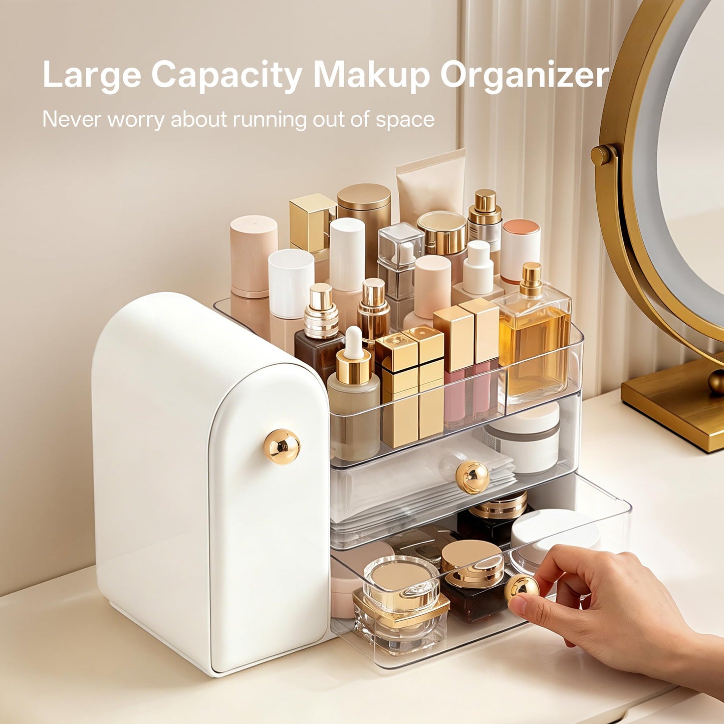 HBlife Makeup Organizer Countertop with Drawers, Vanity Organizers with Brush Holder, Bathroom Counter Organizer for Perfume, Nail Polishes, Lipsticks, Skincare and Eyeshadow Palettes, White and Clear