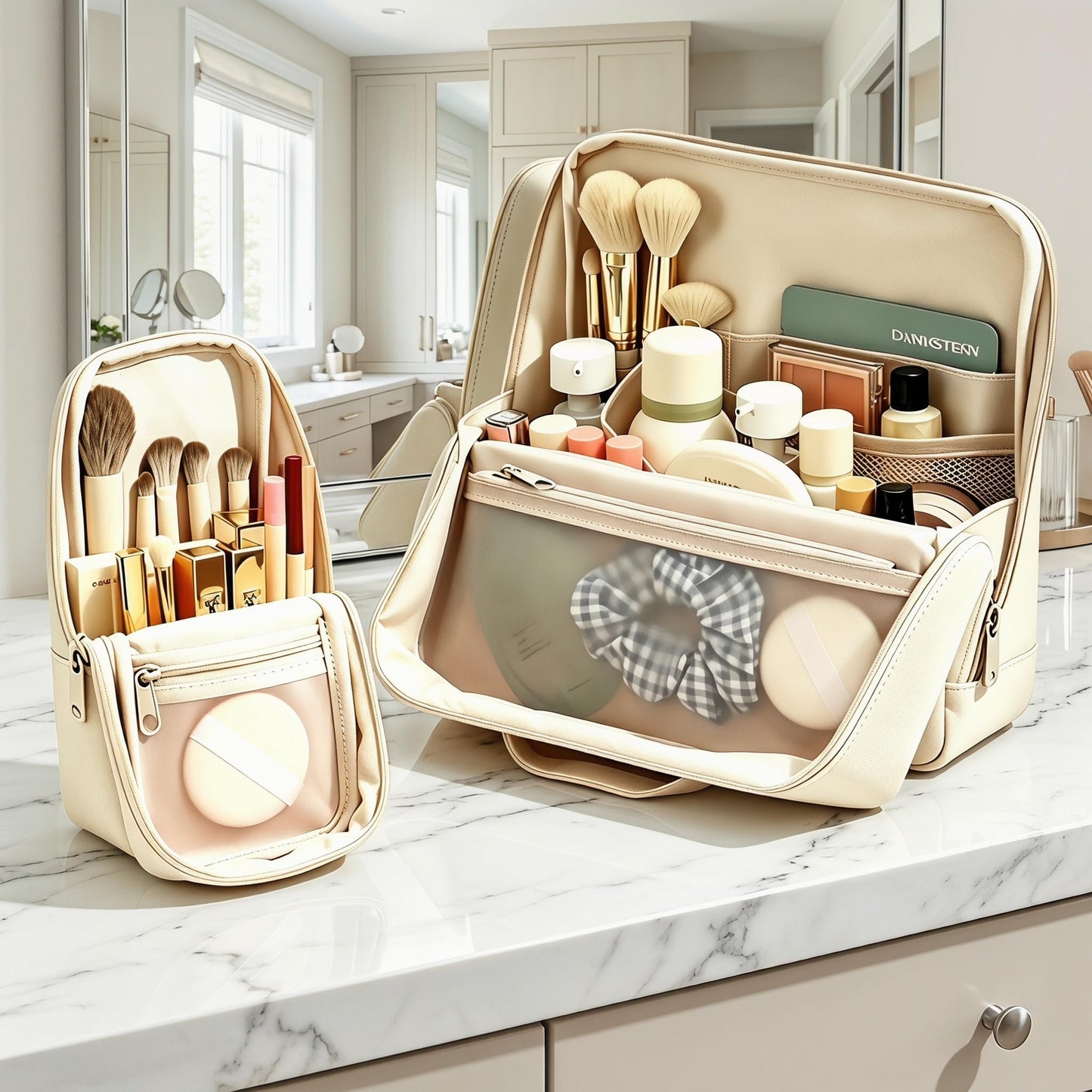 Wnnideo Makeup Bag and Makeup Brush Case Set,Large Capacity Cosmetic Bags for Women,Portable Toiletry Bag Free-Standing Brush Holder for Easy Access (Cosmetic Bag + Brush Holder) (Creamy)