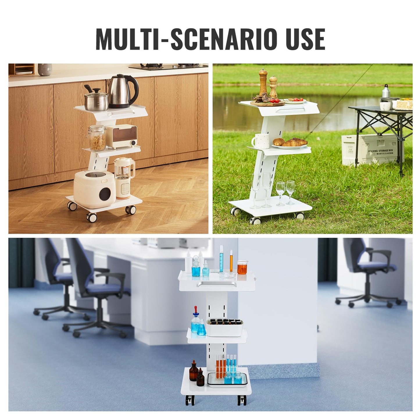 VEVOR Rolling Esthetician Cart with 3 Built-in Sockets, 3-Tier Metal Medical Trolley on Swivel Wheels, Mobile Ultrasonic Tray Cart, for Lab, Clinic, Beauty and Dental, 220 lbs Weight Capacity