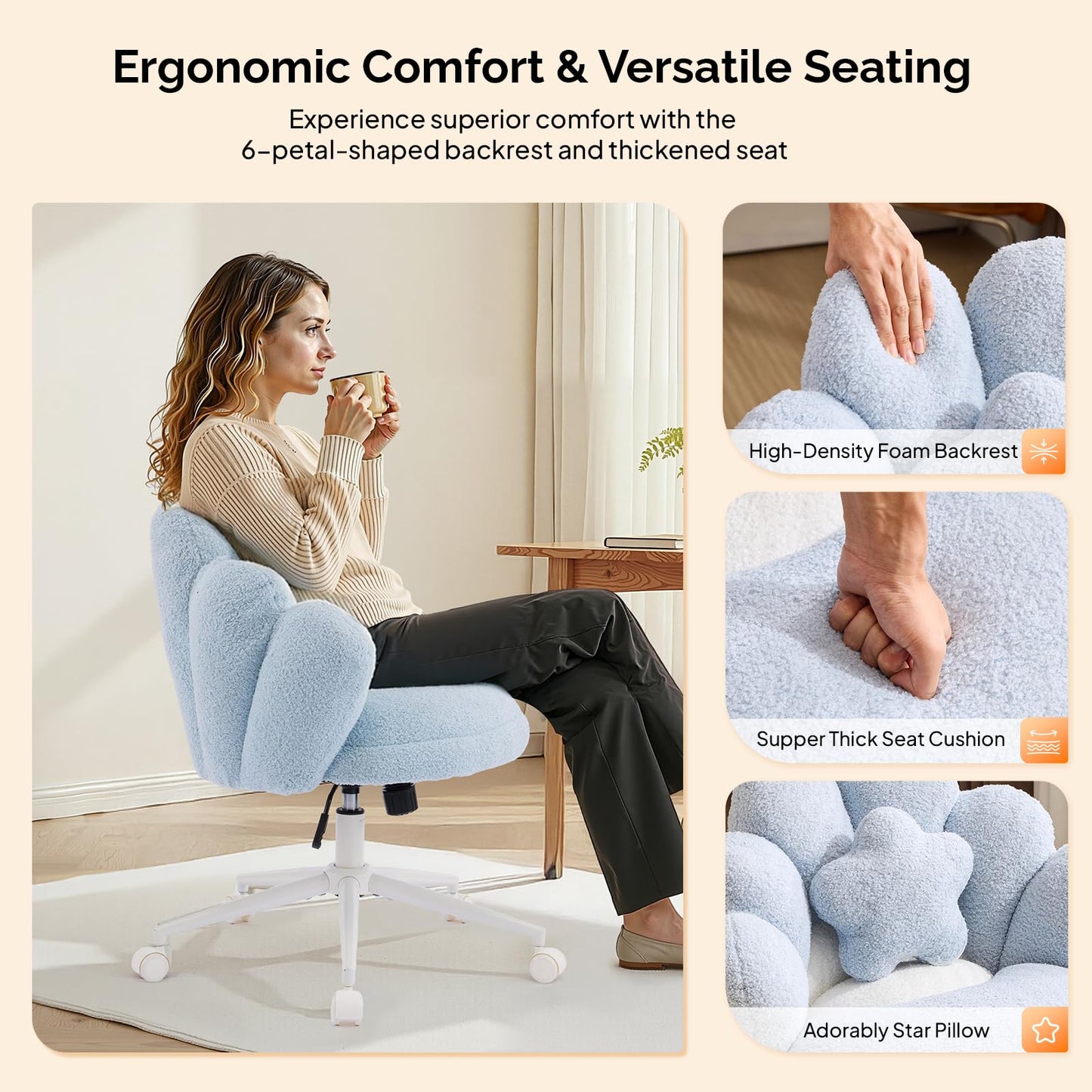 VINGLI Lovely Petal Vanity Desk Chair with Star Pillow, Height Adjustable Armless Swivel Chair in Vibrant Color-Blocking, Modern Computer Task Chair for Bedroom & Home Office, Teddy Fleece,Blue