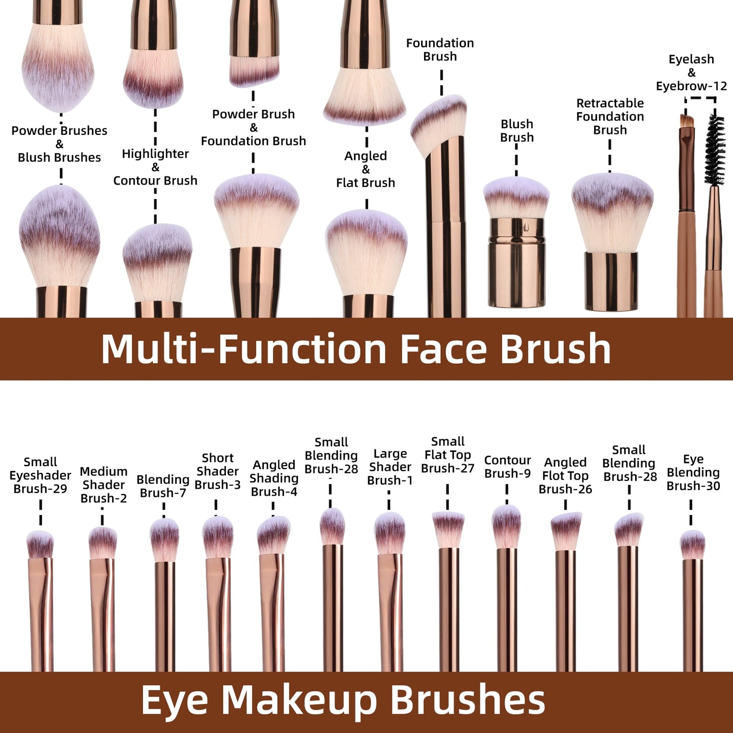 24 Pcs Double-End Multi-functional Makeup Brushes with Gift Box for Blending Liquid Powder Concealer Cream Blush, Coffee Brown
