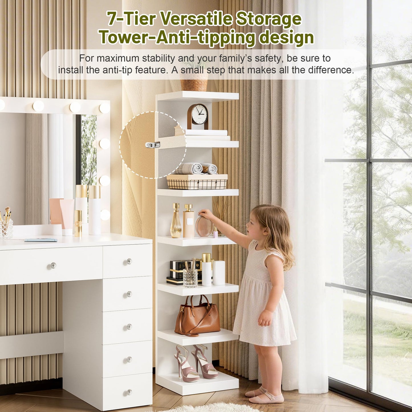 GDFStudio 43.3" Vanity Desk with 11 Bulbs & 7-Tier Storage Shelves, Makeup Vanity Table with Power Outlet, 11 Drawers, Adjustable 3-Color LED Lighting, Crystal Handles, Large White Dressing Table