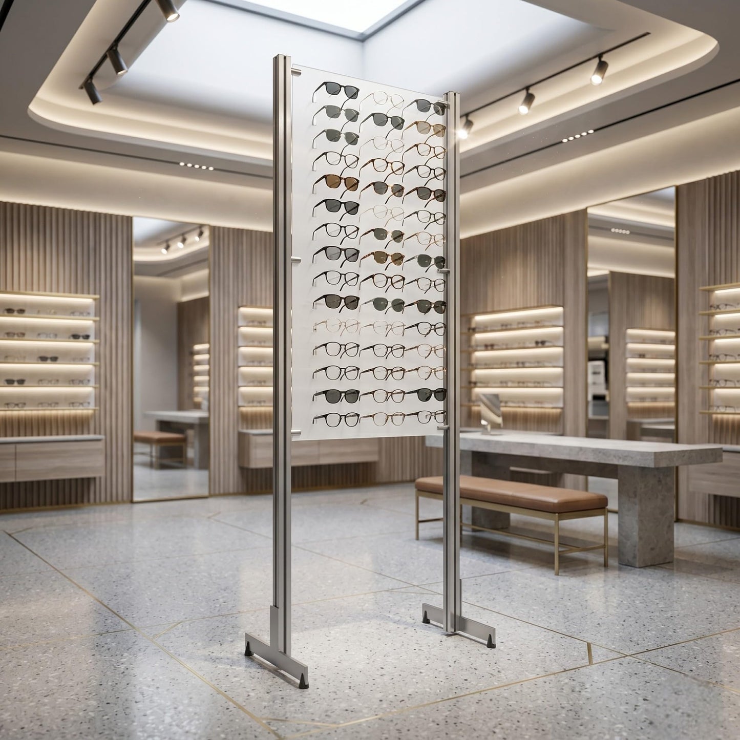 Open Optical Frame Display – Freestanding Floor Top Rack – Aluminum & Acrylic – Optical Retail Sunglass Store (Polar-White, 45 Frame Capacity)