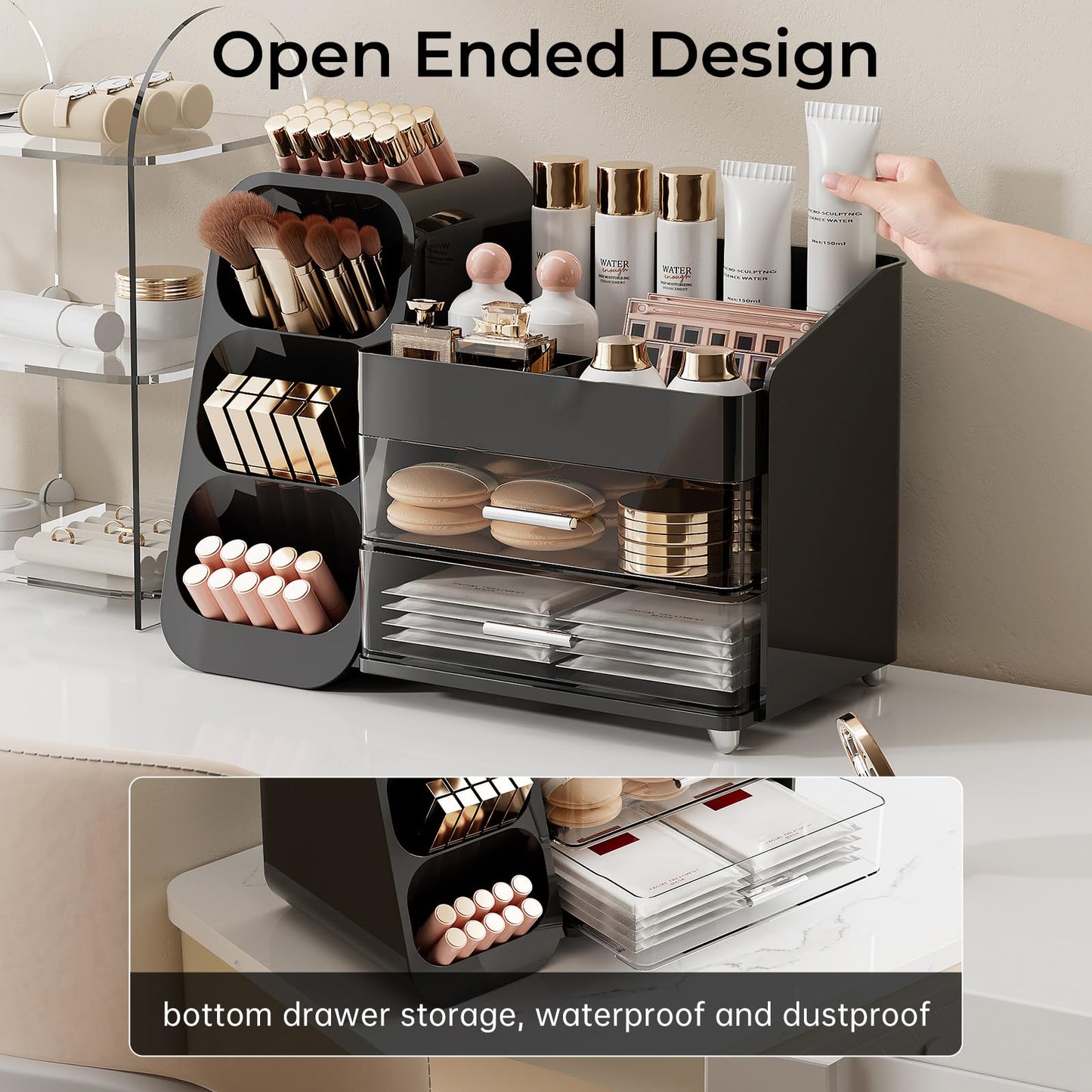 UFORU Makeup Organizer for Vanity with Brush Holder, Large Capacity Bathroom Countertop Skincare Organizer with 2 Drawers, Cosmetic Display Case for Perfumes, Eyeshadow Palettes, Nail Polishes