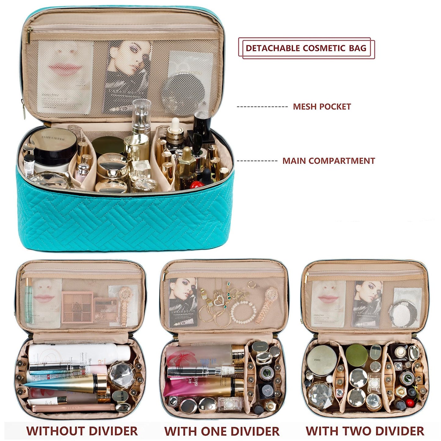 AMOIGEE Large Makeup Bag, Travel Makeup Bag Organizer, Double Layer Train Case Makeup Bag, Toiletry Bag for Makeup Brushes, Full Size Bottles, Palettes Sponge, Cosmetic Organizer