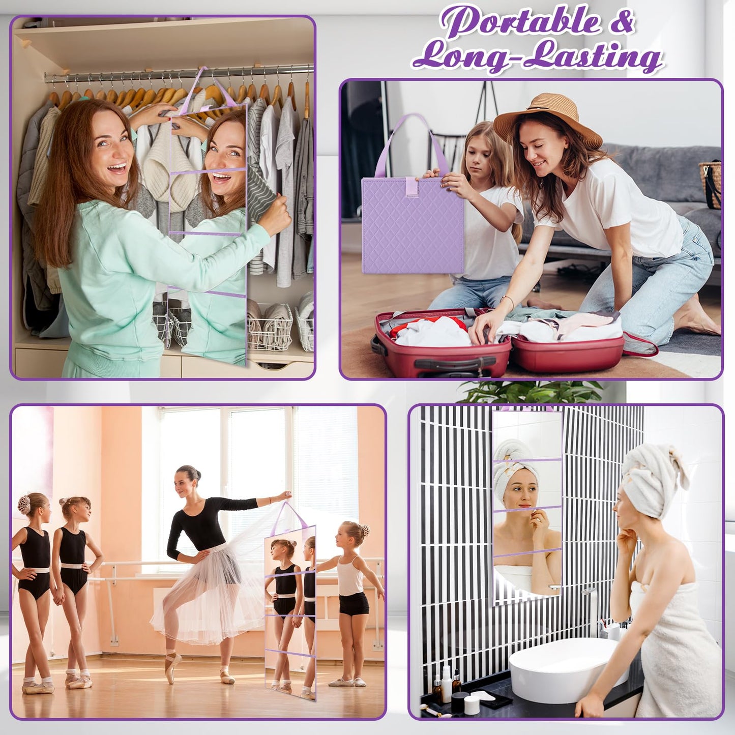 Burbell 3 Way Foldable Full Length Mirror with Handle Leather 31.89 x 11.22 Inches Portable Hanging Travel Mirror Rectangular for Makeup Dance Home Fitness Spa Hair Styling(Purple)