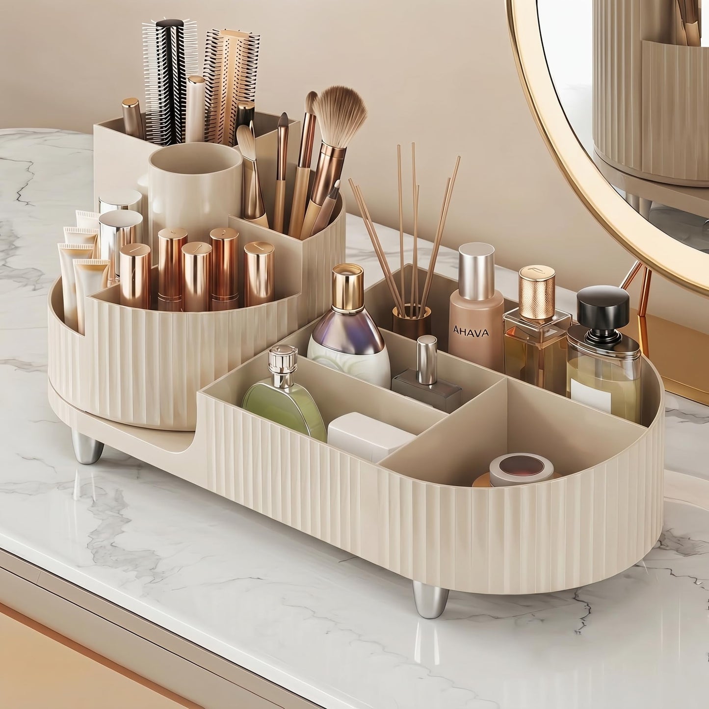 Booklov Rotating Makeup Caddy Organizer for Vanity, Large Capacity Cosmetic Display Case, Countertop Beauty Storage Holder for Skincare, Brush Eyeshadow Lipstick, Counter Desk Organization, Cream