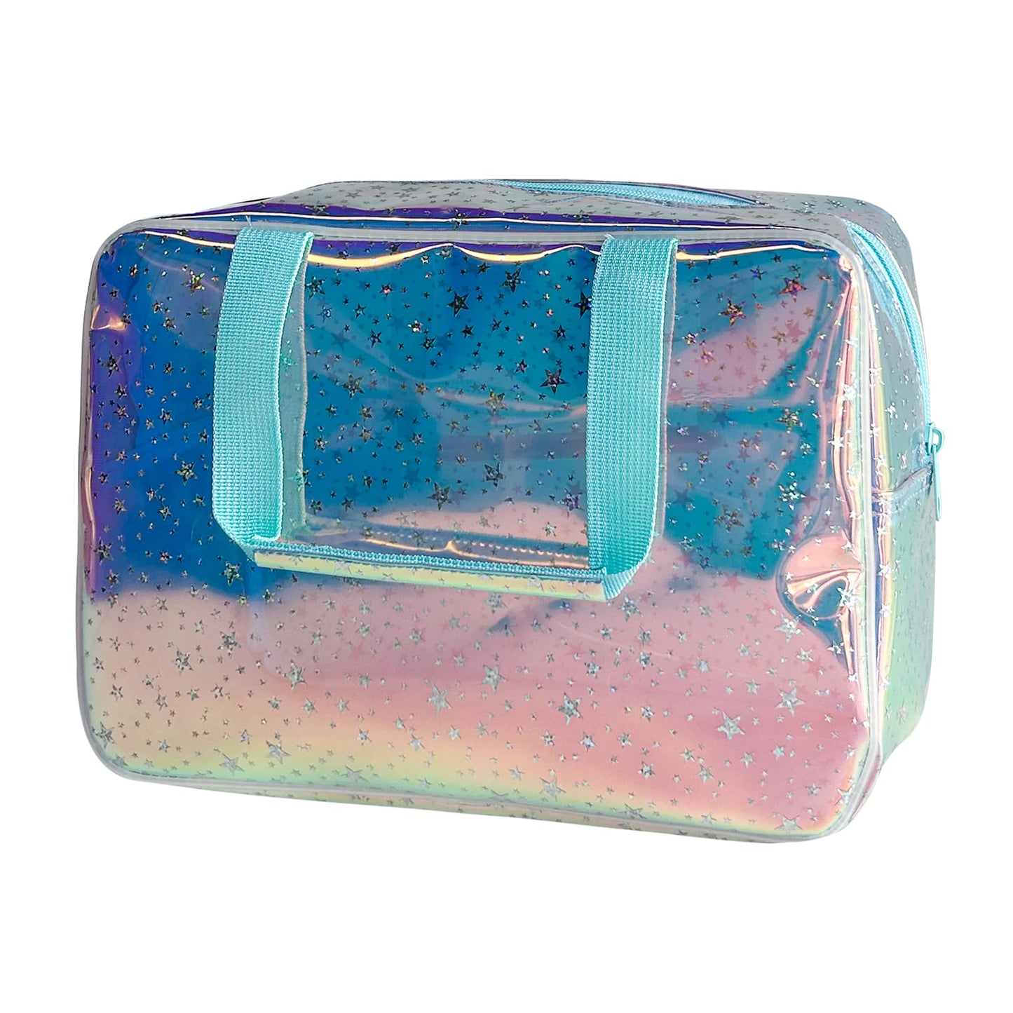 TotePrint Holographic Blue Clear Star Large Cosmetic Bag and TPU Travel Pouch with Handle,Durable Material,Zipper Design-Ideal for Makeup,Travel Essentials (Holographic Blue+Stars)