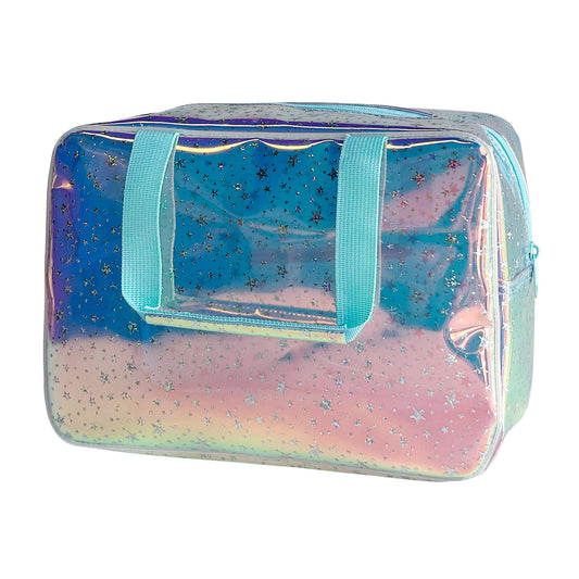 TotePrint Holographic Blue Clear Star Large Cosmetic Bag and TPU Travel Pouch with Handle,Durable Material,Zipper Design-Ideal for Makeup,Travel Essentials (Holographic Blue+Stars)