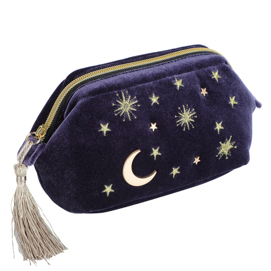 SZZCX Handy cosmetic makeup bag,Navy Velvet Embroidered Applique Moon Stars Cosmetic Bag,Starry Makeup Pouch with Tassels & Pearl Zipper,Beautician Storage Bag