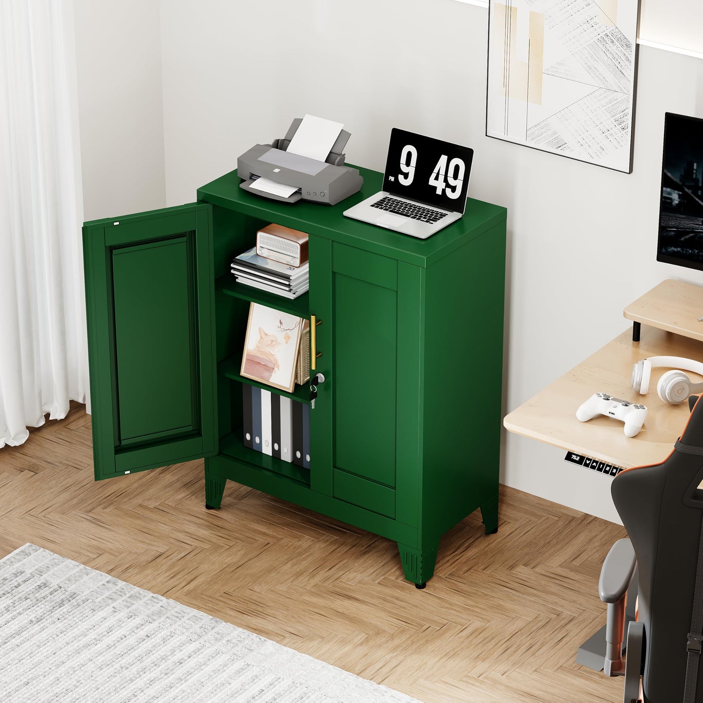 RISTERN Green Metal Storage Cabinet, 36" Tall Locking Storage Cabinet with 2 Adjustable Shelves, Steel Locker Organizer, for Office, Home, School