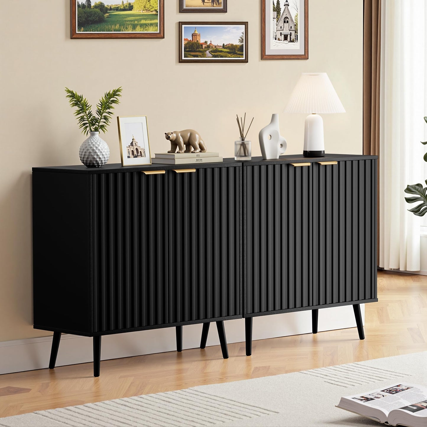 REHOOPEX Fluted Storage Cabinet, Buffet Cabinet with Storage, Wood Sideboard with Adjustable Shelf, Modern Accent Cabinet & Console Table for Entryway, Living Room, Dining Room, Black