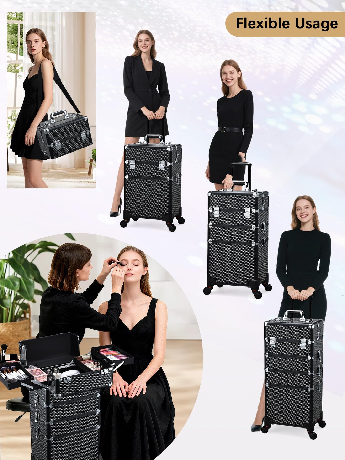 Costravio 5 in 1 Rolling Makeup Case on Wheels Large Cosmetology Case Organizer Beauty Cosmetic Train Case Travel Nail Cart for Make-up Studio Hair Salon, Black Rhinestone
