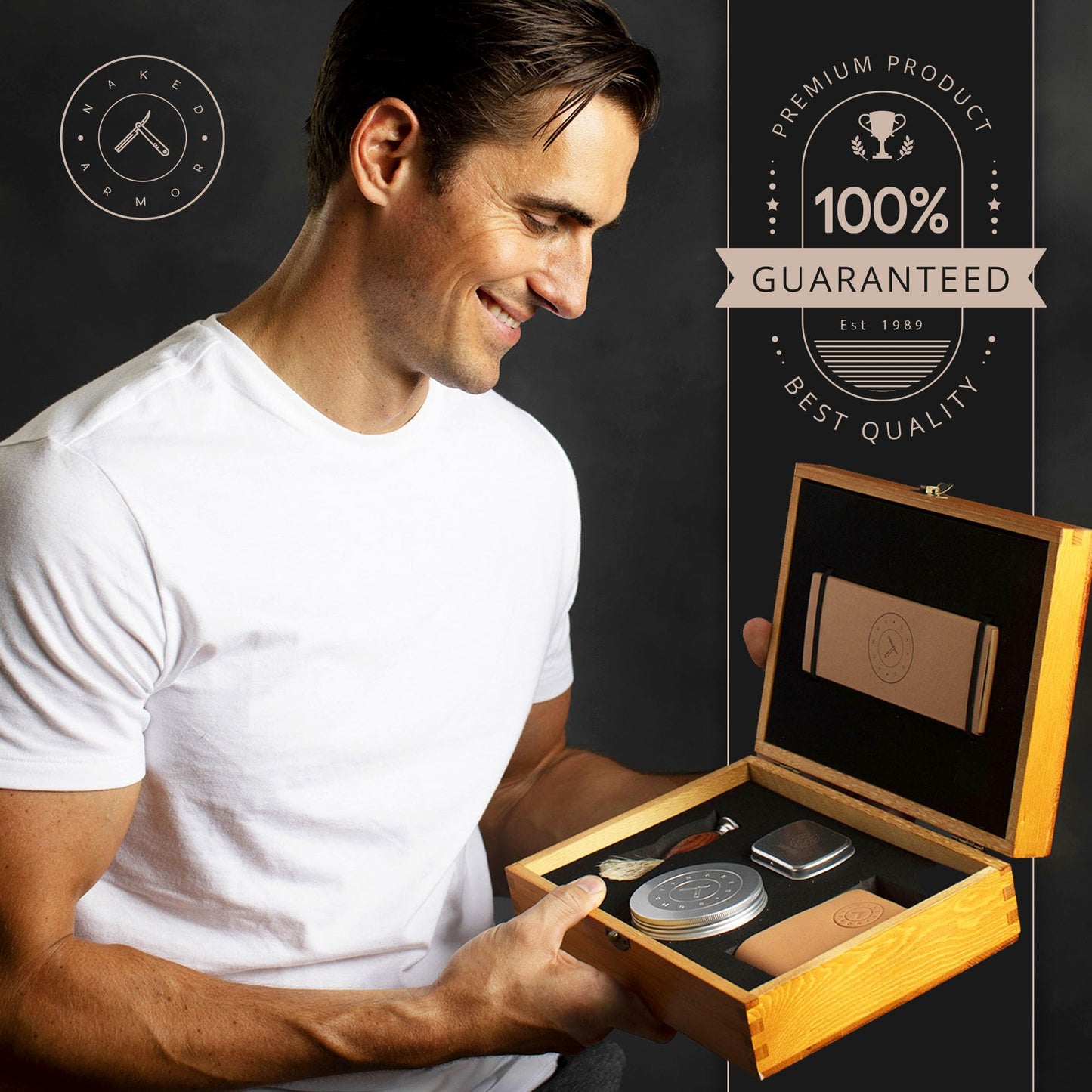 Naked Armor Solomon Straight Razor Kit - Professional Shave Ready Straight Razor Shaving Kit for Men - Japanese Carbon Steel Straight Edge Razor with Brush, Strop & Soap in Wood Gift Box (Brown)