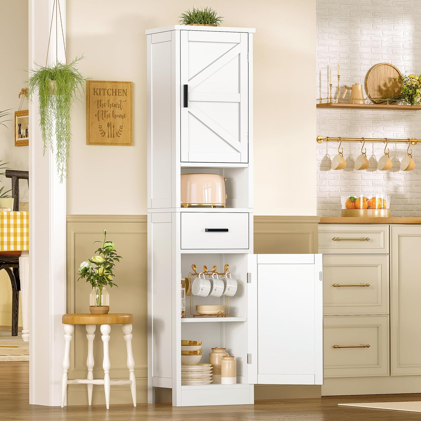 TEENFON 67" H Bathroom Storage Cabinet with Barn Doors & Adjustable Shelves, Bathroom Cabinet with Drawer, Narrow Bathroom Storage Unit, Floor Cabinets for Living Room, Kitchen, White