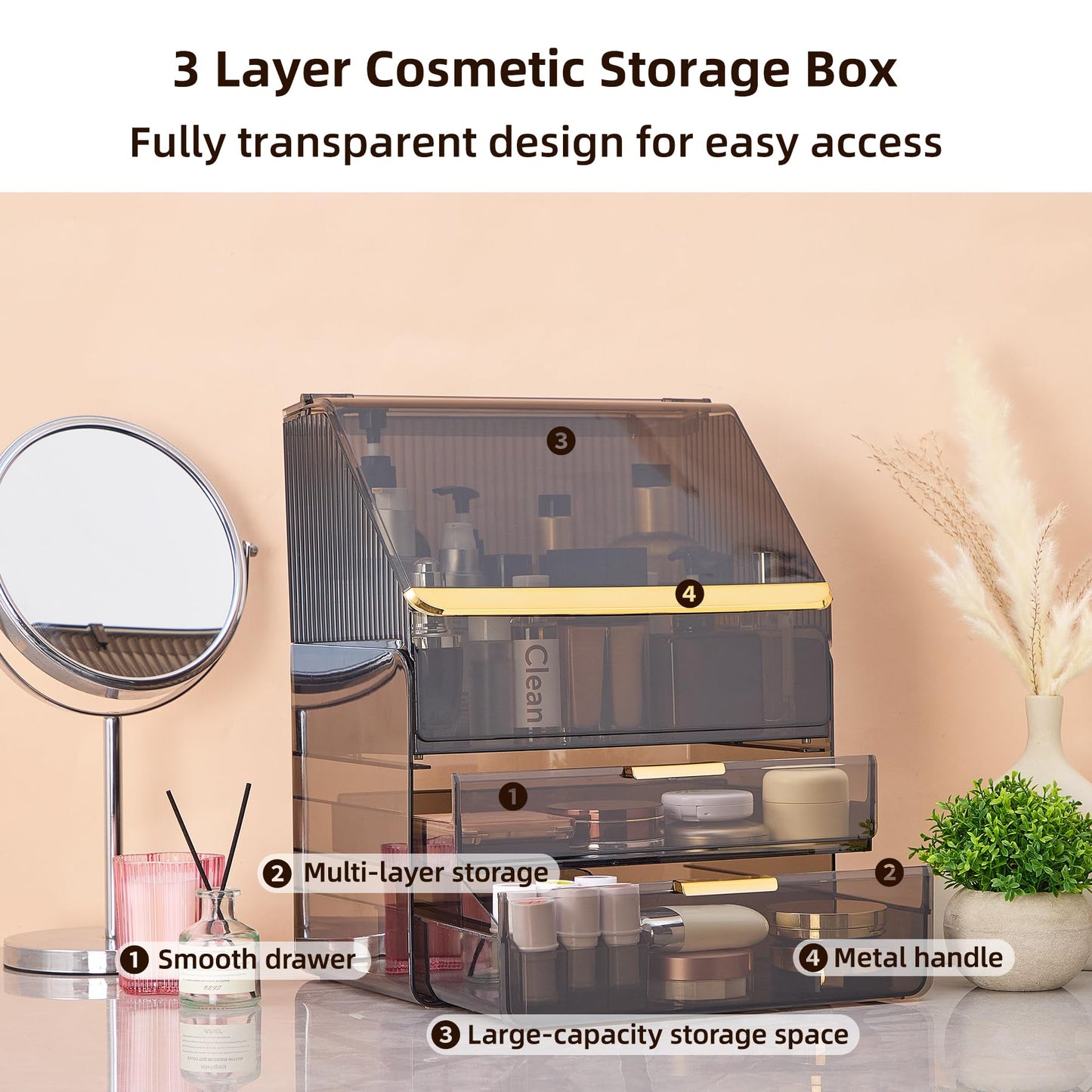 Large 3-Tier Makeup Organizer with Drawers and Lipstick Holder, Dustproof Waterproof Skincare Storage Box for Bathroom Countertop, Vanity Cosmetic Organizer,Clear Black