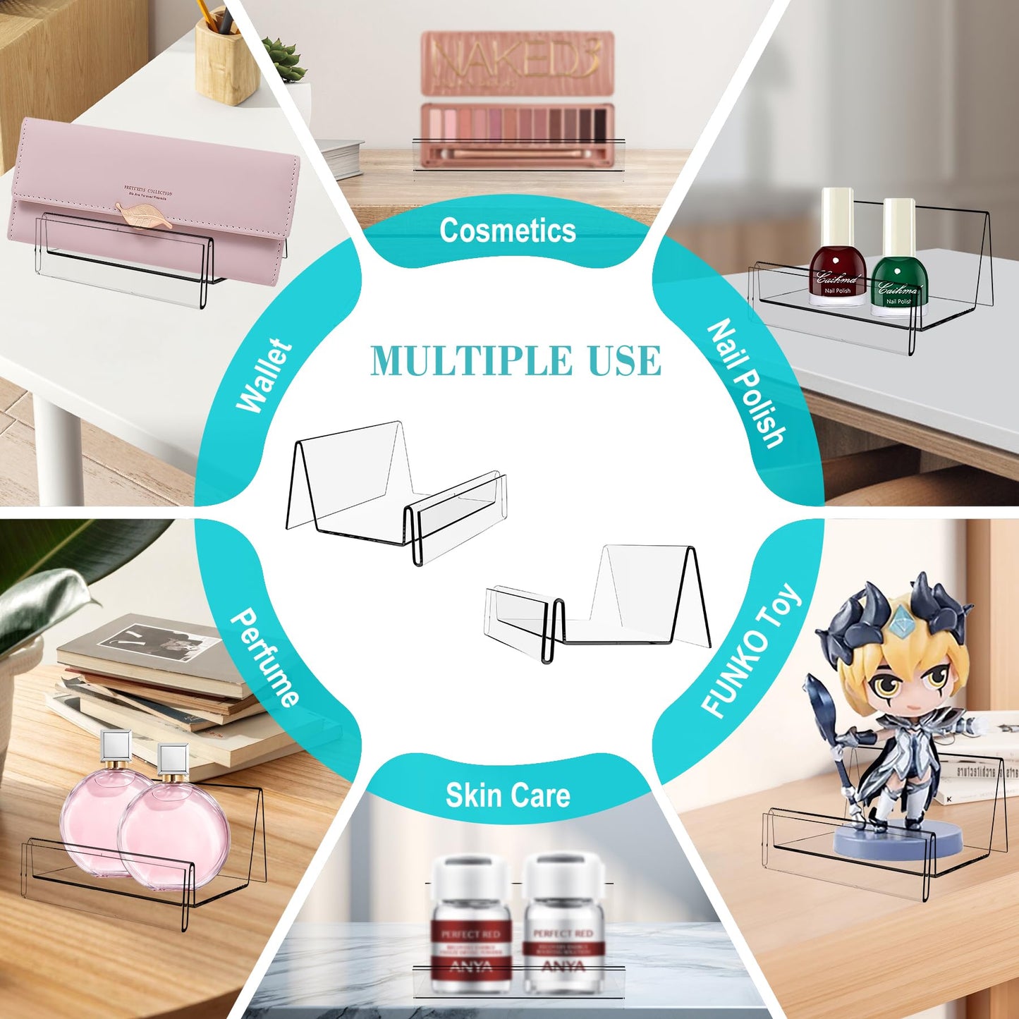 Boloyo Acrylic Display Stand with Sign Plate, 6PC Clear Display Easel Wallet Display Riser Holder, Acrylic Perfume Display Holder for Displaying Wallet, Figure , Cosmetic, Jewelry ,Makeups, Glasses (Small, 6PC)