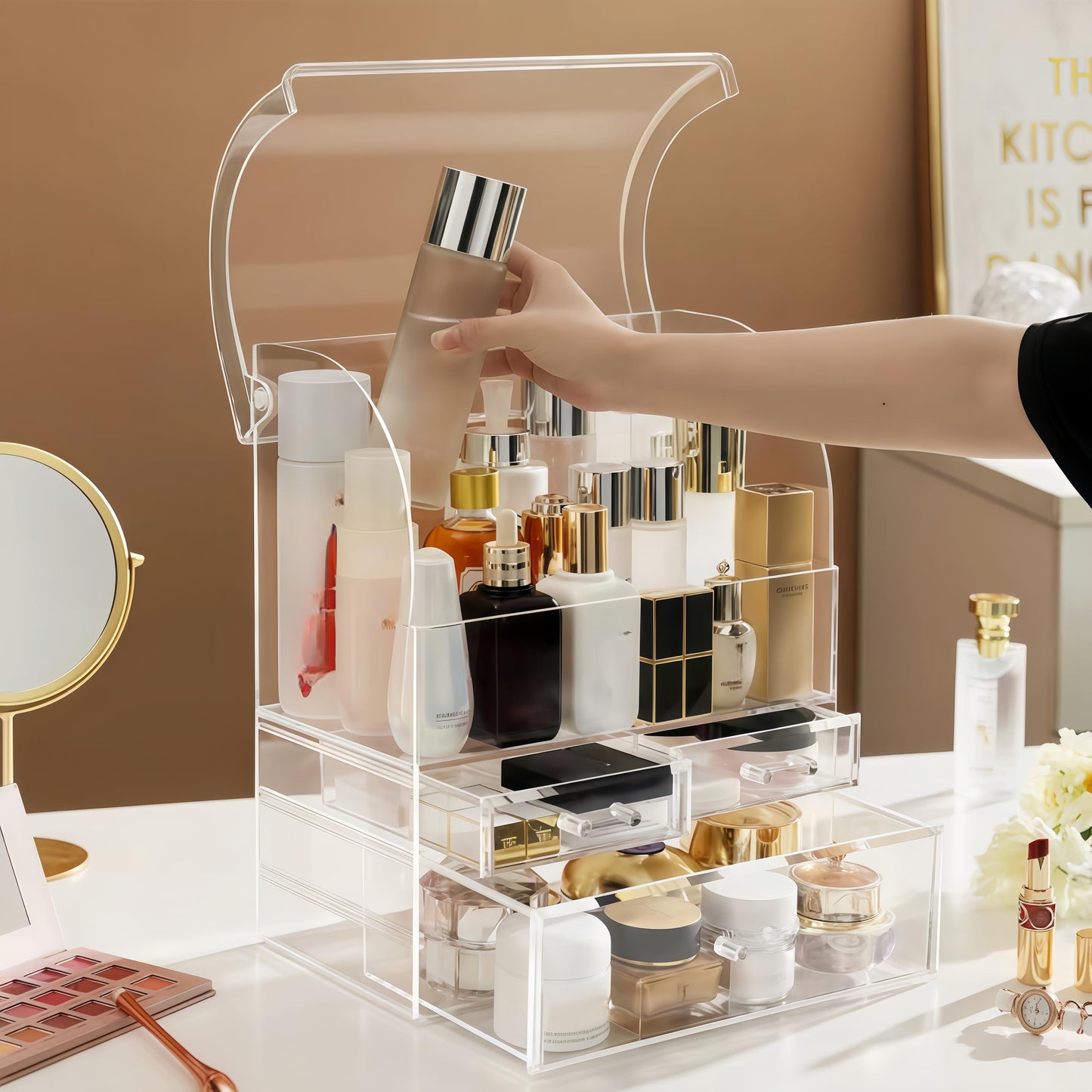 UShioart Clear Large Acrylic Makeup Organizer With Lid Cosmetic Storage Drawers Portable Makeup Organizers Dustproof And Waterproof Box For Women