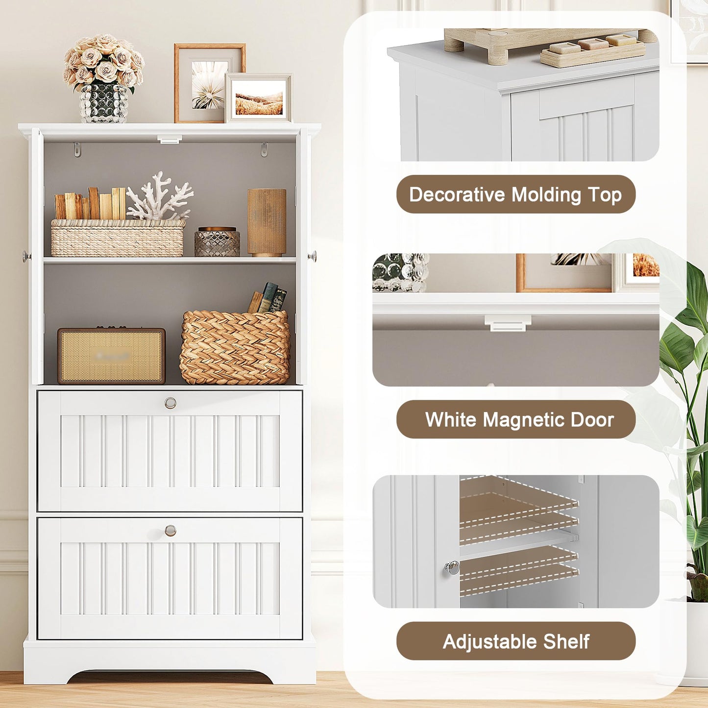 Treocho Bathroom Floor Cabinet, Bathroom Storage Cabinet with Drawers and Adjustable Shelf, Freestanding Cupboard Pantry for Kitchen, Living Room, Dining Room, White