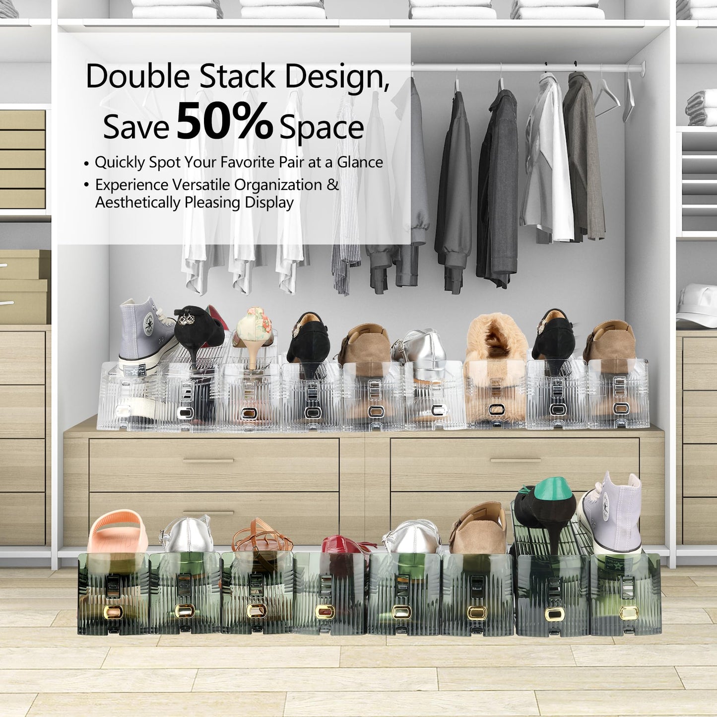 Yes!Fresh Shoe Slot Organizer, Boutique Display Style Shoe Stacker for A Pair of Shoes, Separable Shoe Rack for Closet Organization, 3 Adjustable Narrow Shoe Rack (Transparent Green, 4 Pack)