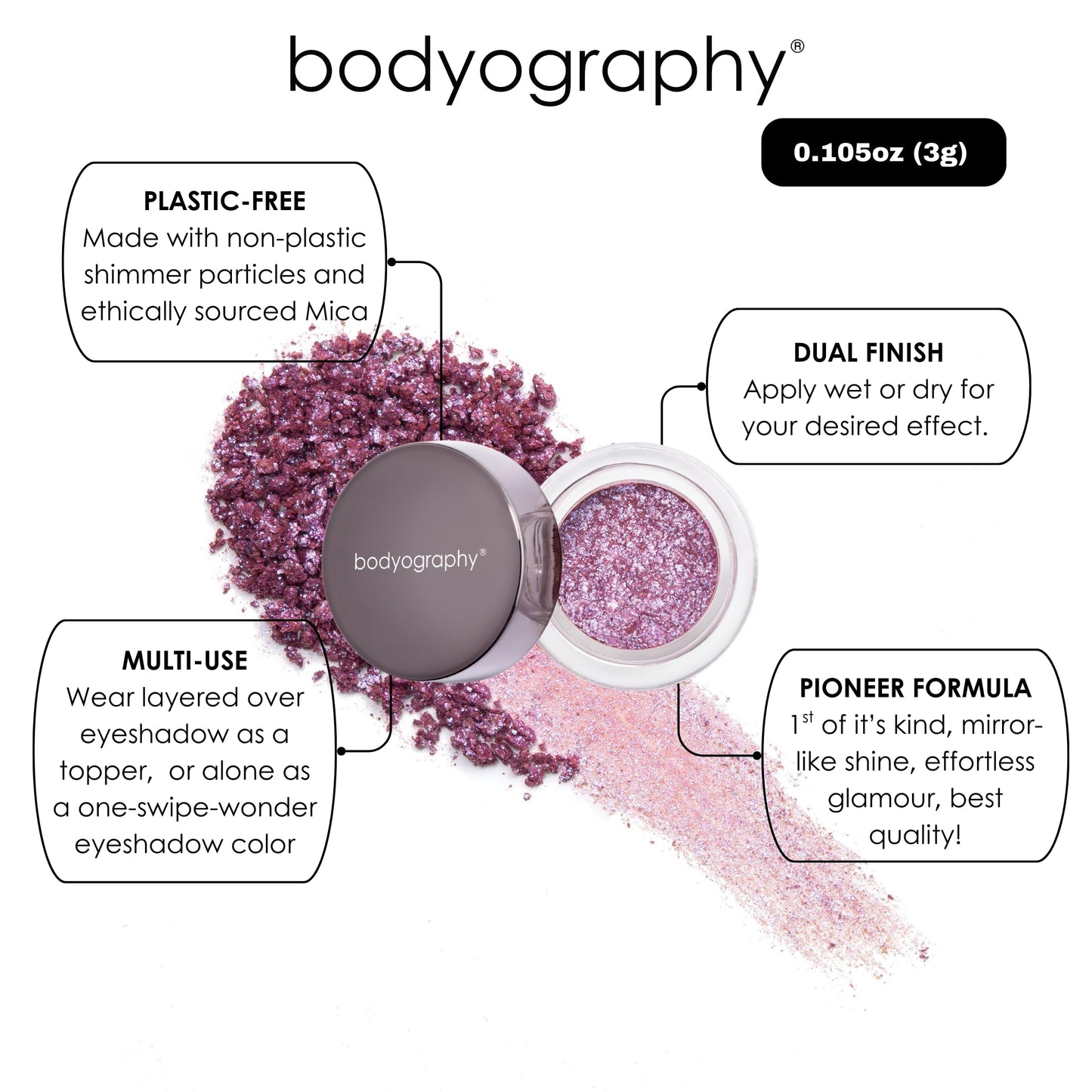 Bodyography Glitter Pigment Eye Shadow | Long Wear Shimmer Eyeshadow | Vegan, Talc & Paraben Free | Cream Powder Formula | Stratus (Champagne/Pink) 1.5 g