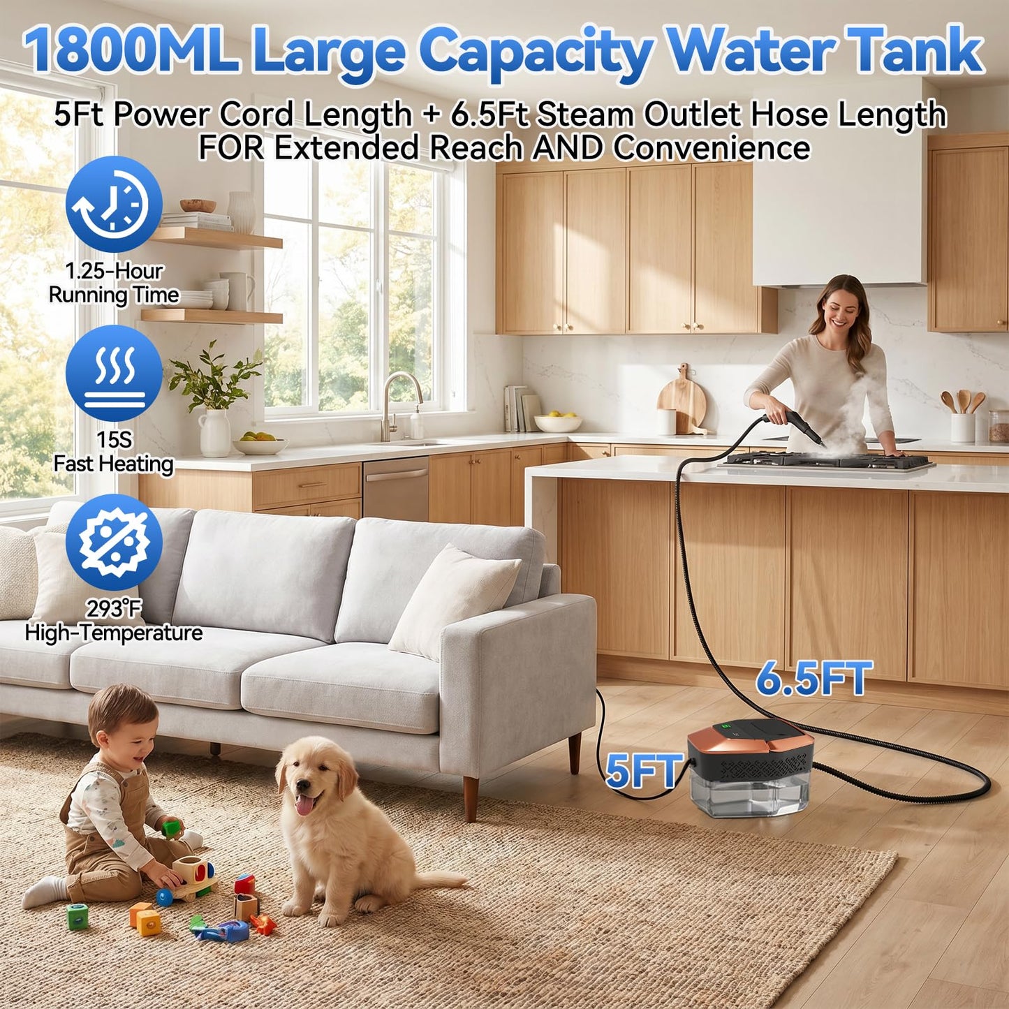 Gsskny Steam Cleaner, 3-Level Adjustable Handle, 15s Heat-Up, Steamer for Cleaning With 1.8L Large Tank, Handheld Steam Cleaner for Home, Bathrooms, Tile,Car. Dry Burn Protection(14pcs Accessories)